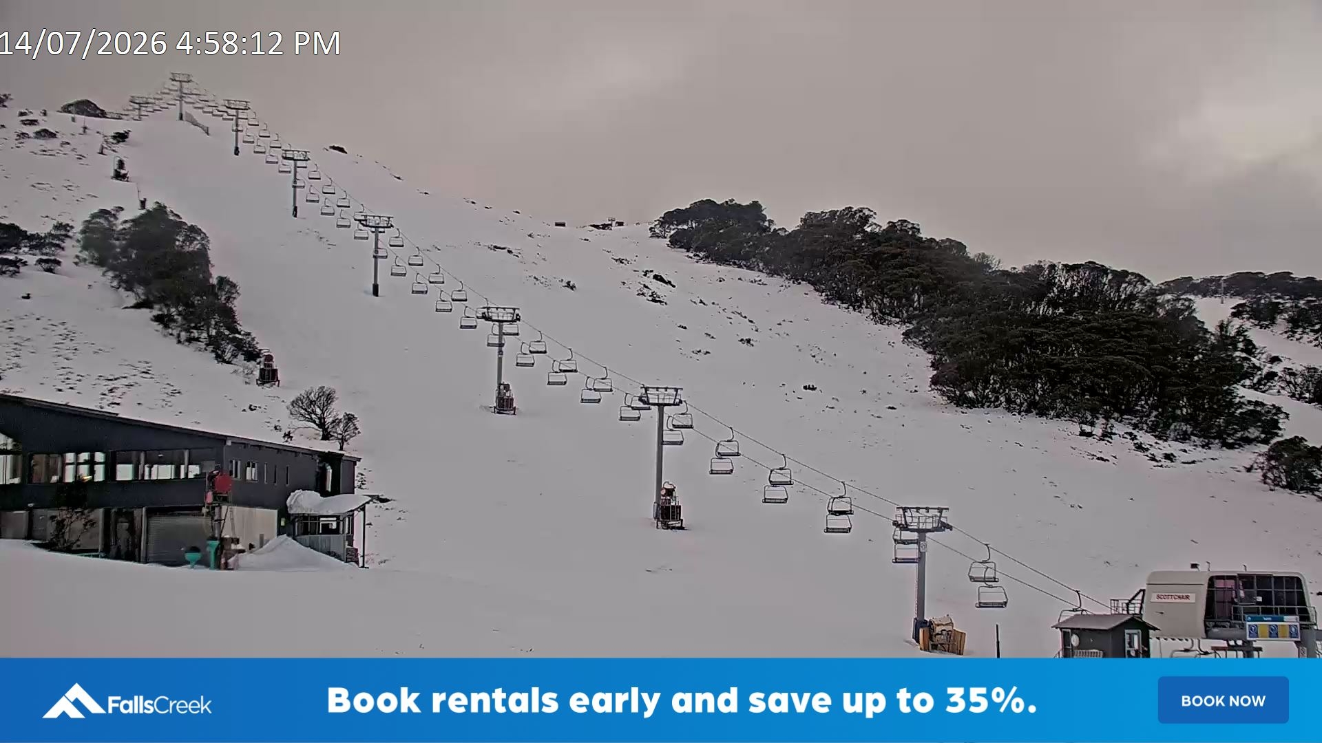 Falls Creek Scott Chair snow cam captured at 14 July 2026 at 5:06 pm AEST