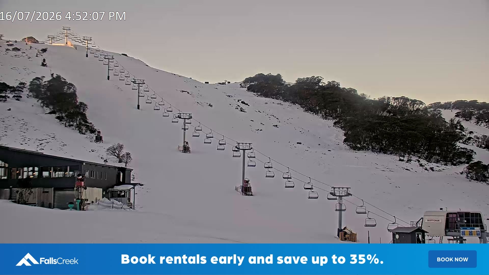 Falls Creek Scott Chair snow cam captured at 16 July 2026 at 5:08 pm AEST