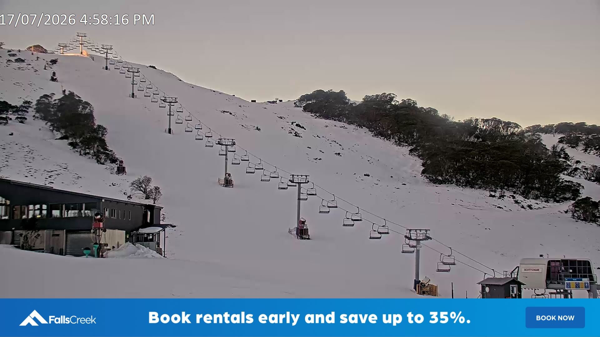 Falls Creek Scott Chair snow cam captured at 17 July 2026 at 5:09 pm AEST