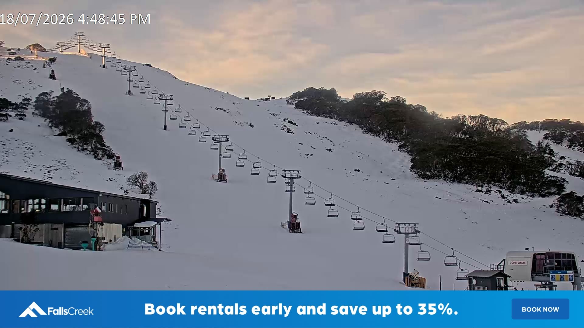 Falls Creek Scott Chair snow cam captured at 18 July 2026 at 4:59 pm AEST