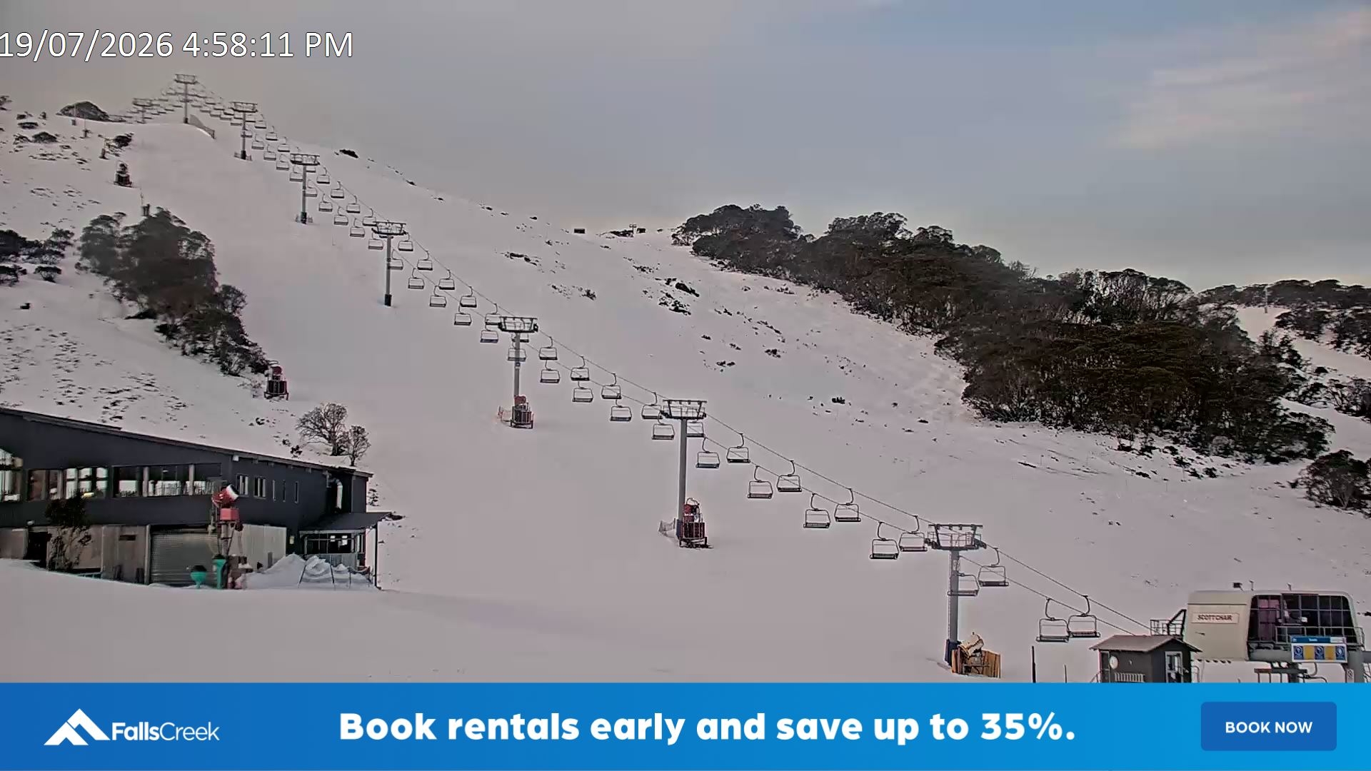 Falls Creek Scott Chair snow cam captured at 19 July 2026 at 5:00 pm AEST