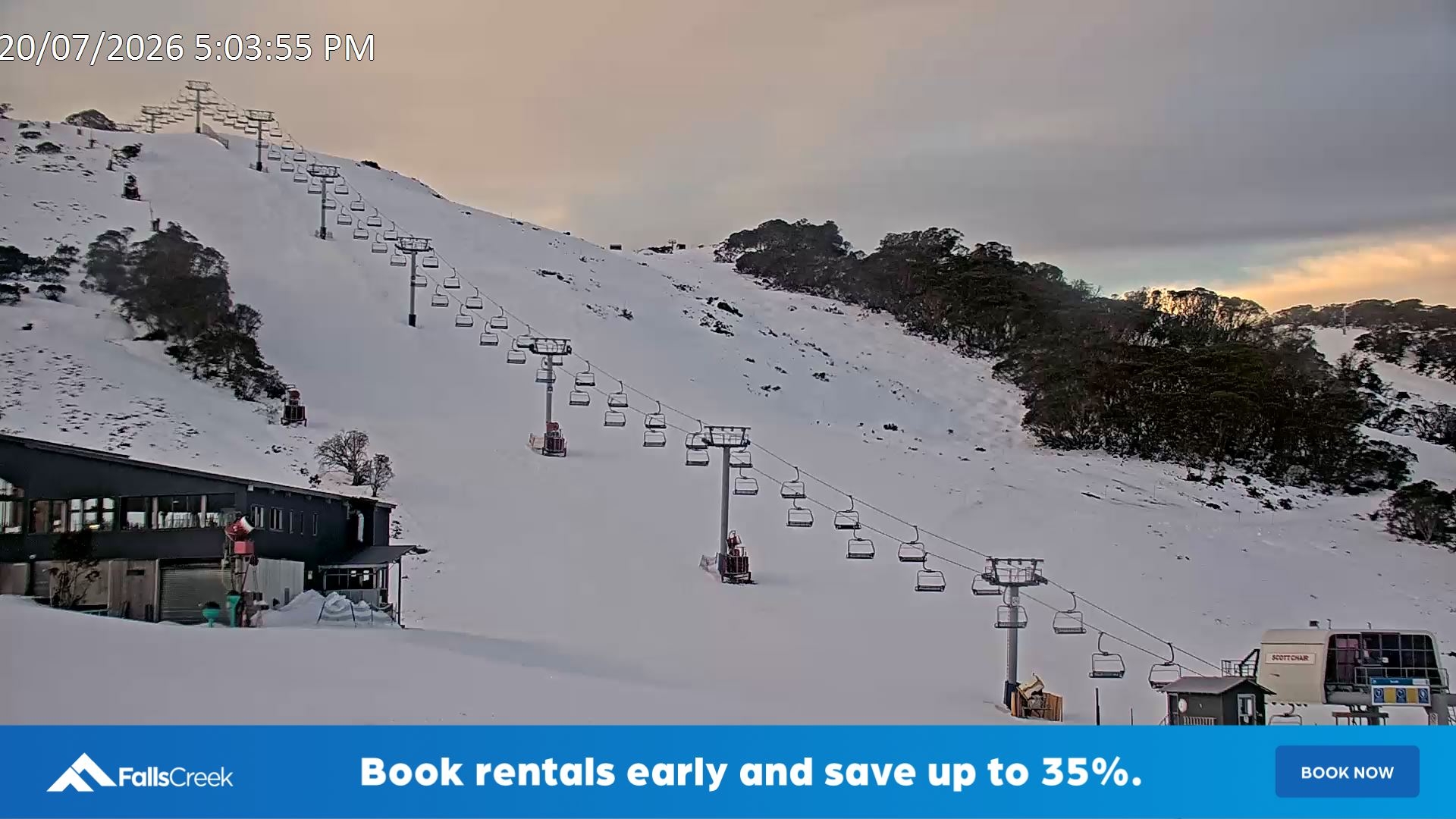 Falls Creek Scott Chair snow cam captured at 20 July 2026 at 5:12 pm AEST