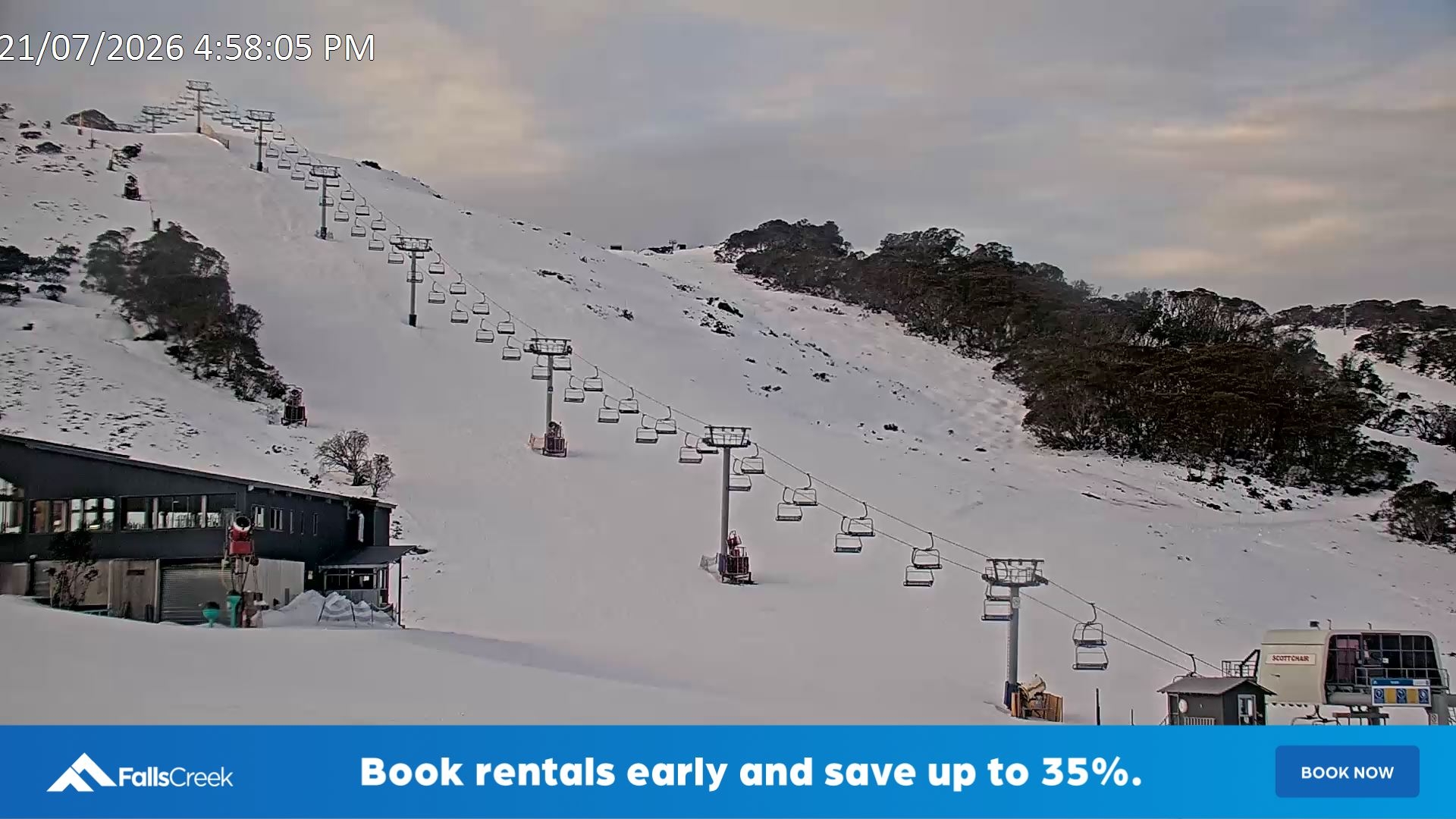Falls Creek Scott Chair snow cam captured at 21 July 2026 at 5:03 pm AEST