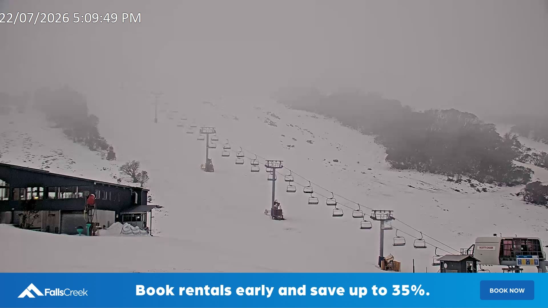Falls Creek Scott Chair snow cam captured at 22 July 2026 at 5:15 pm AEST