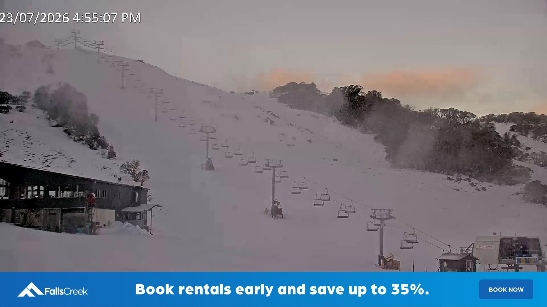 Falls Creek Scott Chair snow cam captured at 23 July 2026 at 5:05 pm AEST