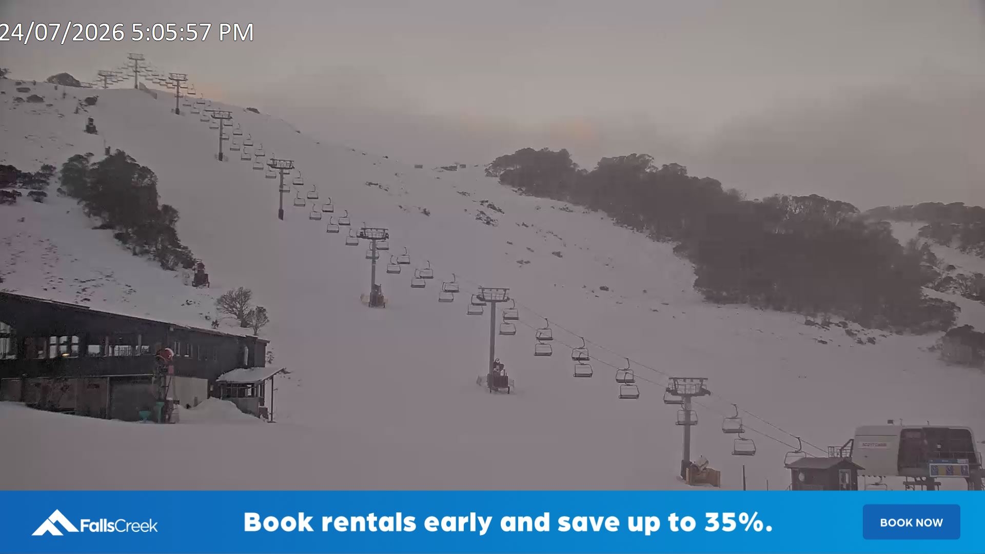 Falls Creek Scott Chair snow cam captured at 24 July 2026 at 5:17 pm AEST