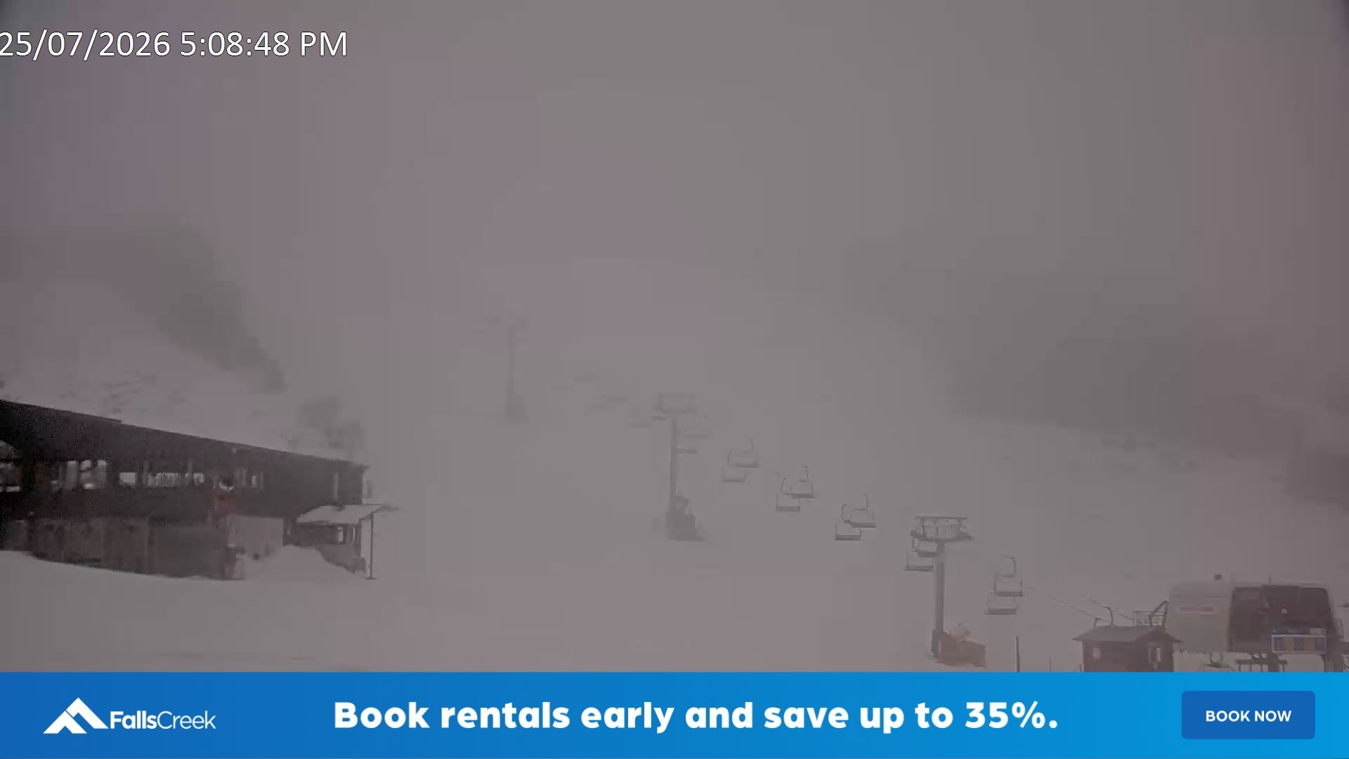 Falls Creek Scott Chair snow cam captured at 25 July 2026 at 5:19 pm AEST