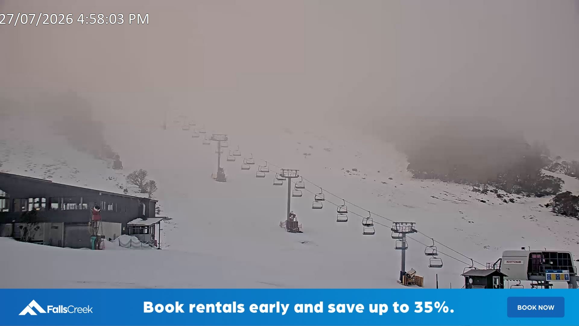 Falls Creek Scott Chair snow cam captured at 27 July 2026 at 5:10 pm AEST