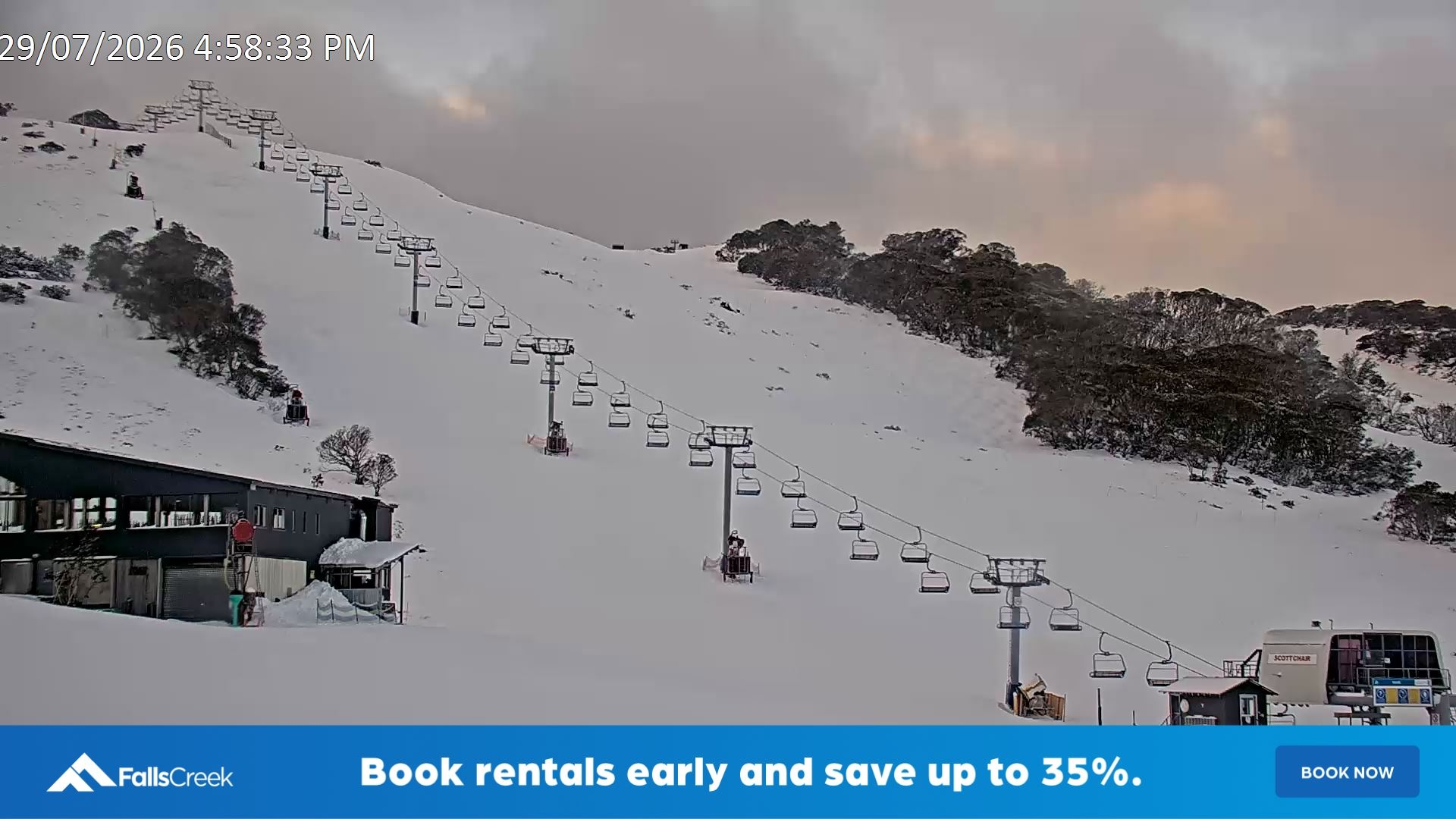 Falls Creek Scott Chair snow cam captured at 29 July 2026 at 5:01 pm AEST