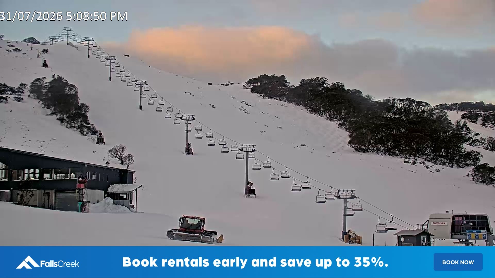 Falls Creek Scott Chair snow cam captured at 31 July 2026 at 5:13 pm AEST
