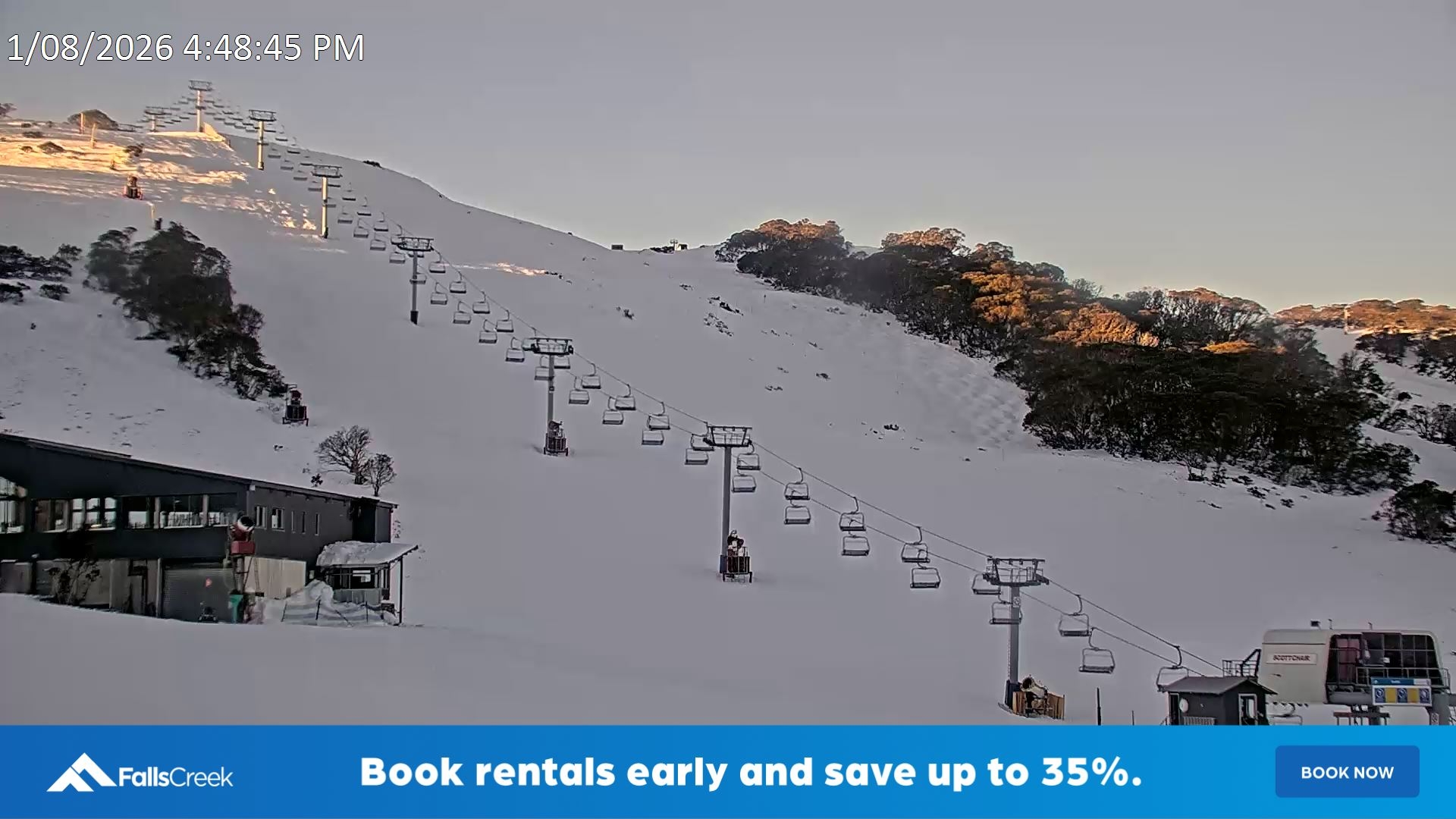 Falls Creek Scott Chair snow cam captured at 1 August 2026 at 4:57 pm AEST