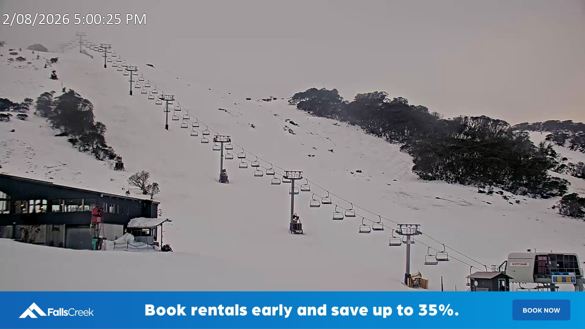 Falls Creek Scott Chair snow cam captured at 2 August 2026 at 5:13 pm AEST