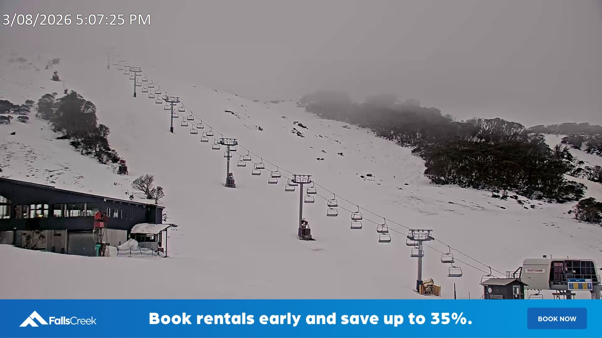 Falls Creek Scott Chair snow cam captured at 3 August 2026 at 5:20 pm AEST