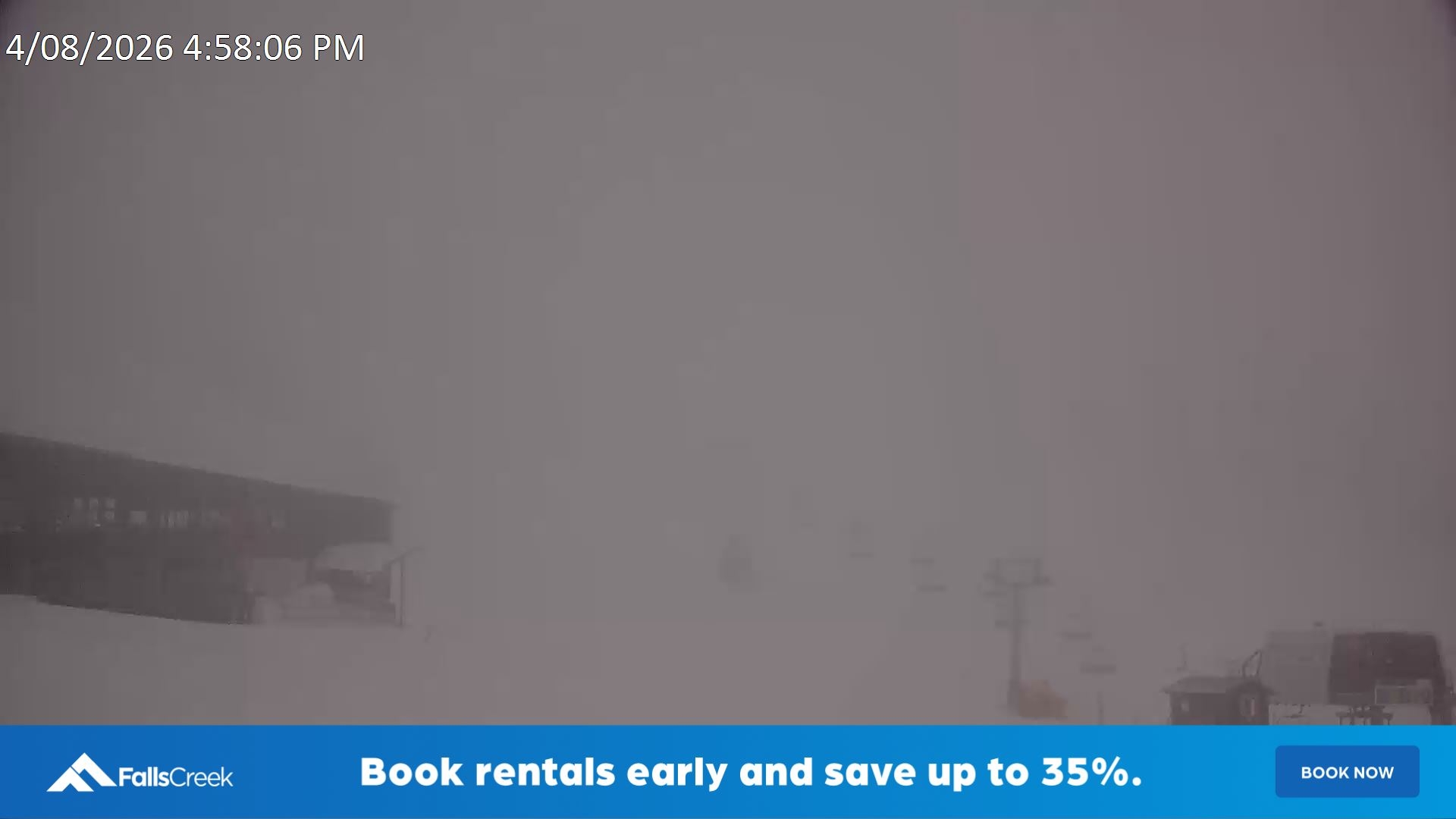 Falls Creek Scott Chair snow cam captured at 4 August 2026 at 5:08 pm AEST