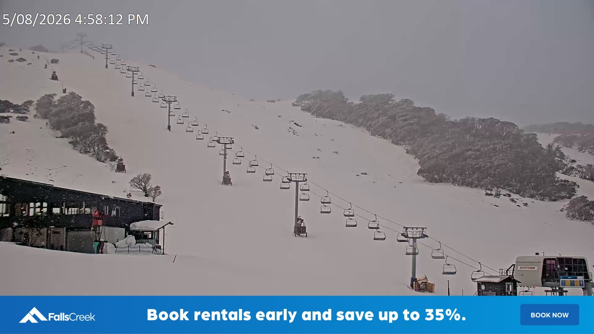 Falls Creek Scott Chair snow cam captured at 5 August 2026 at 5:07 pm AEST