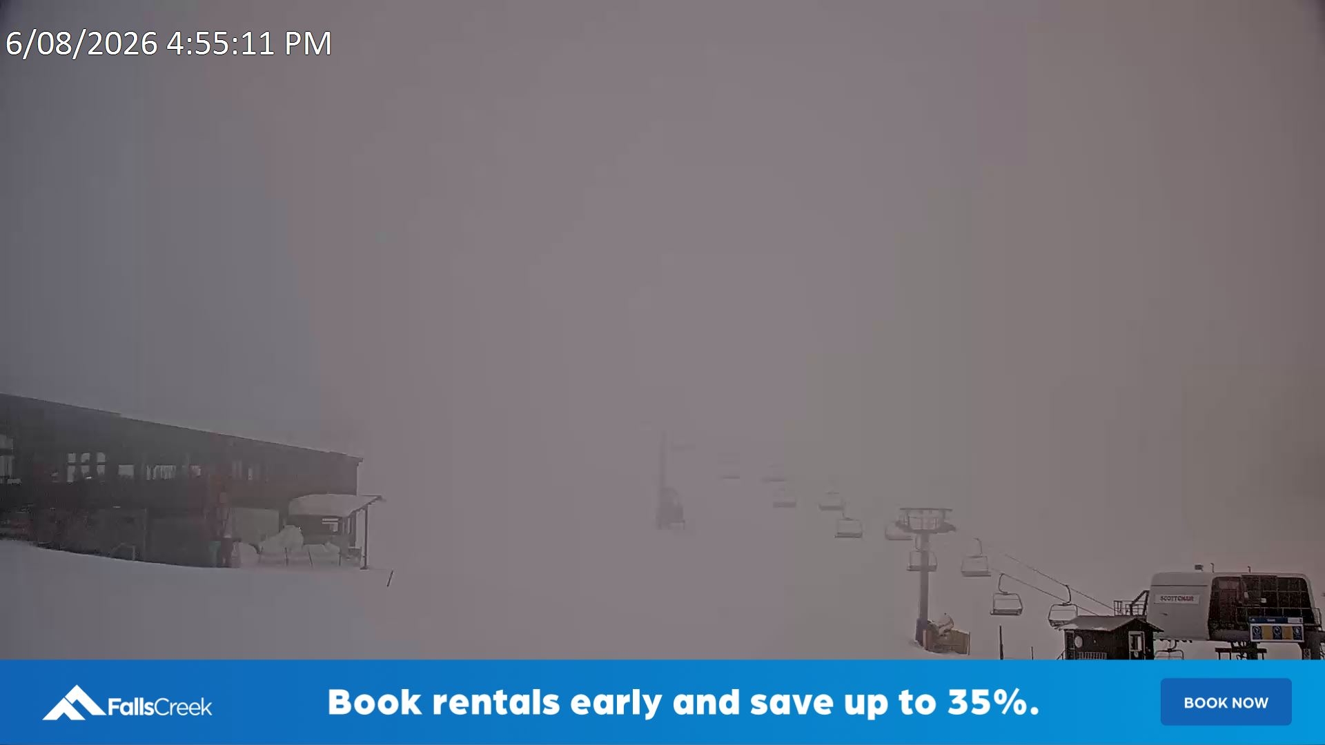 Falls Creek Scott Chair snow cam captured at 6 August 2026 at 5:08 pm AEST