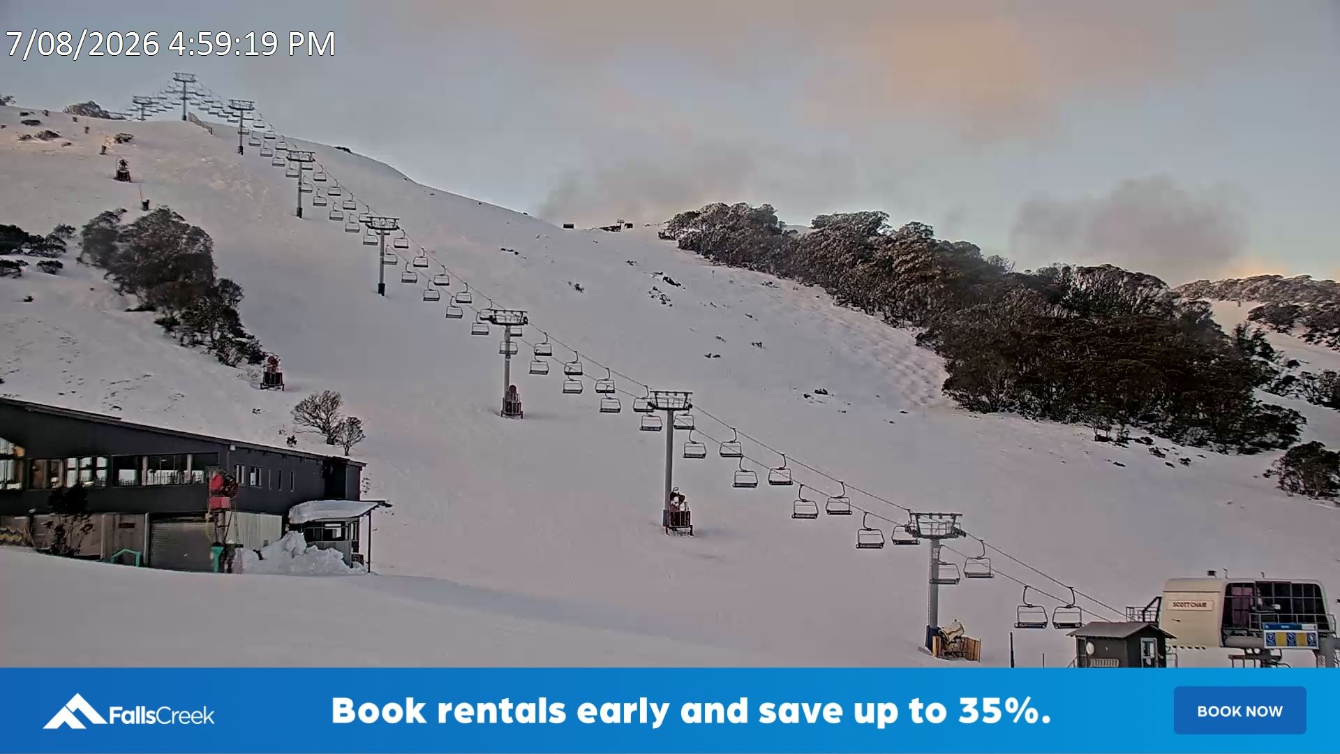 Falls Creek Scott Chair snow cam captured at 7 August 2026 at 5:09 pm AEST