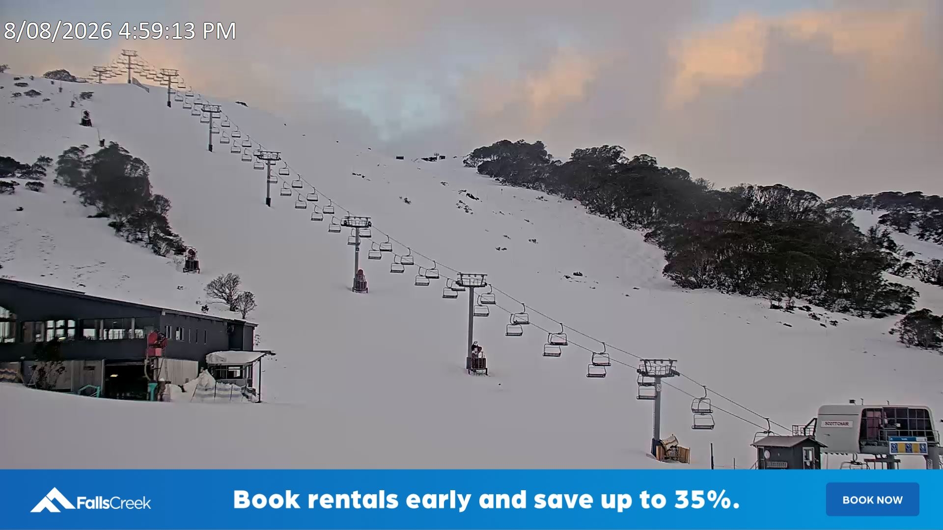 Falls Creek Scott Chair snow cam captured at 8 August 2026 at 5:10 pm AEST