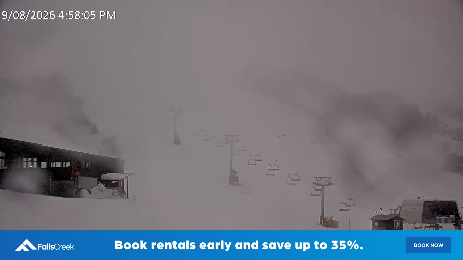 Falls Creek Scott Chair snow cam captured at 9 August 2026 at 5:01 pm AEST