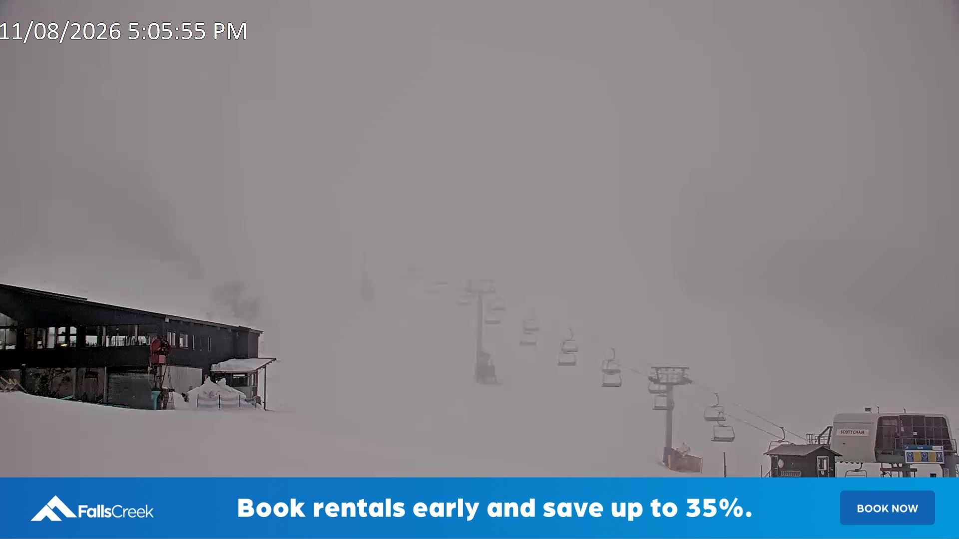 Falls Creek Scott Chair snow cam captured at 11 August 2026 at 5:10 pm AEST