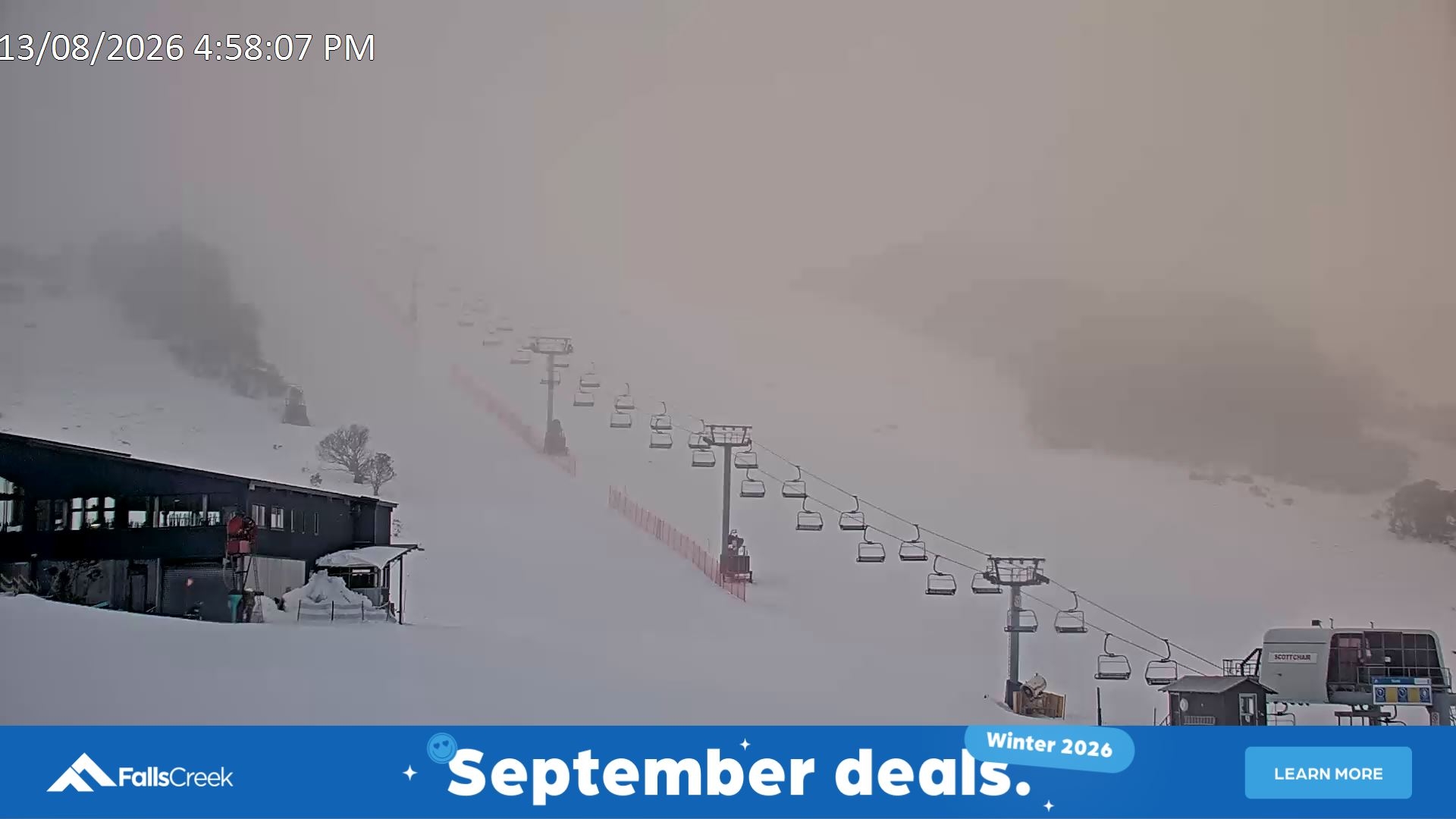 Falls Creek Scott Chair snow cam captured at 13 August 2026 at 5:07 pm AEST