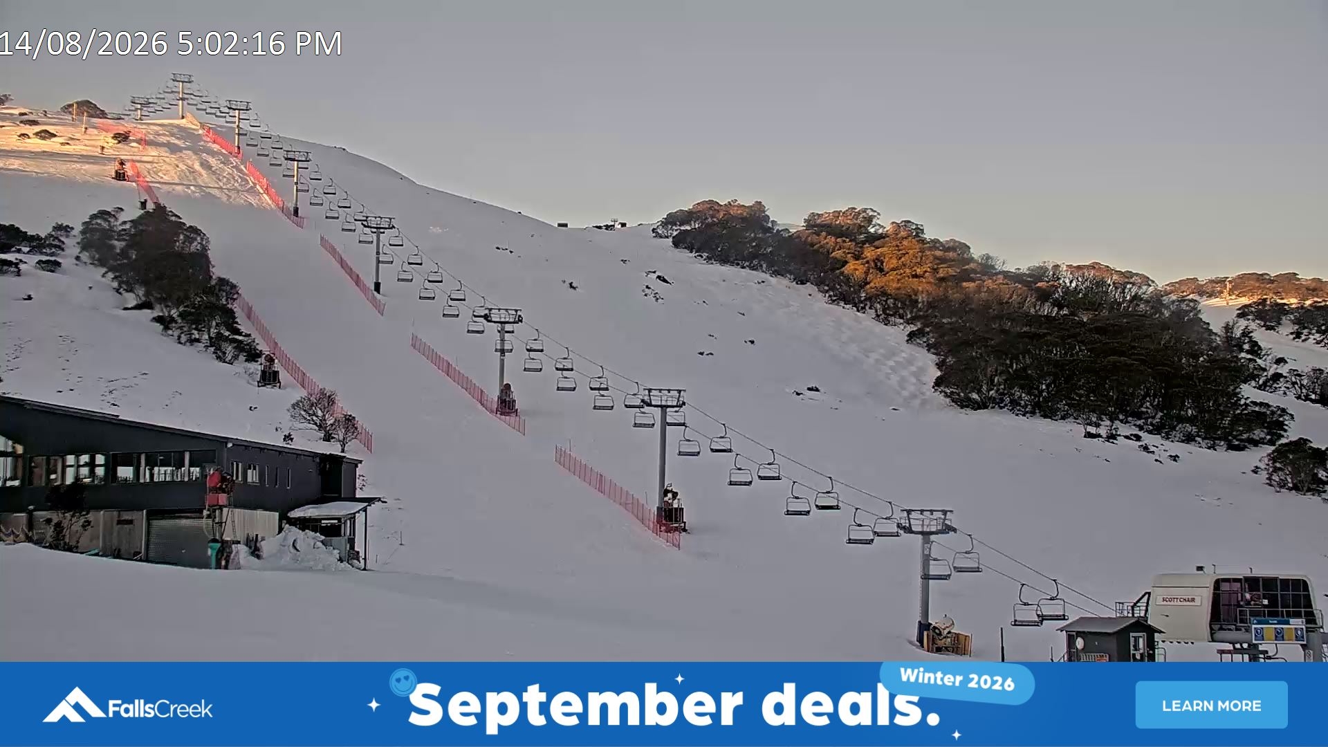 Falls Creek Scott Chair snow cam captured at 14 August 2026 at 5:19 pm AEST