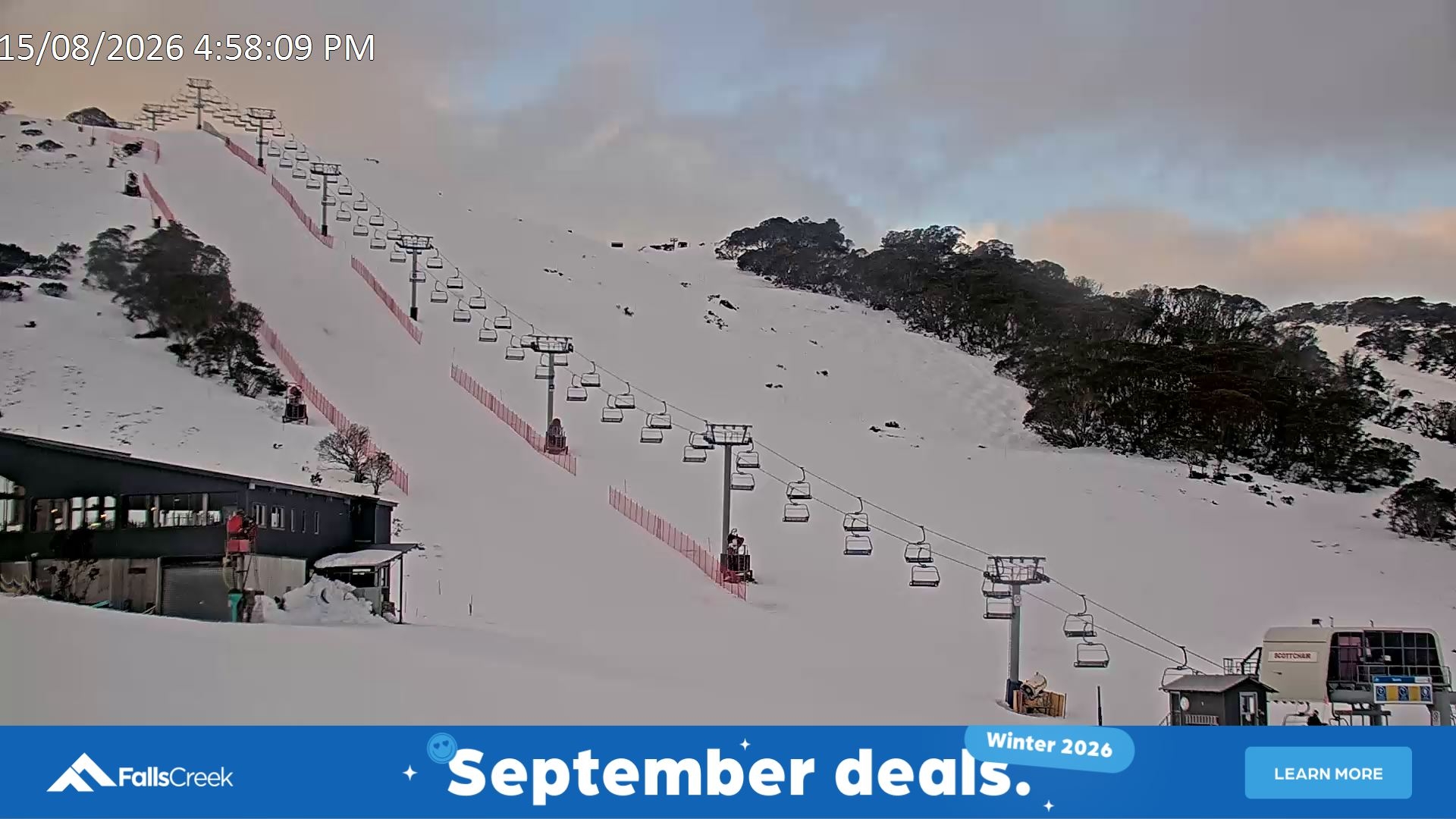 Falls Creek Scott Chair snow cam captured at 15 August 2026 at 5:09 pm AEST