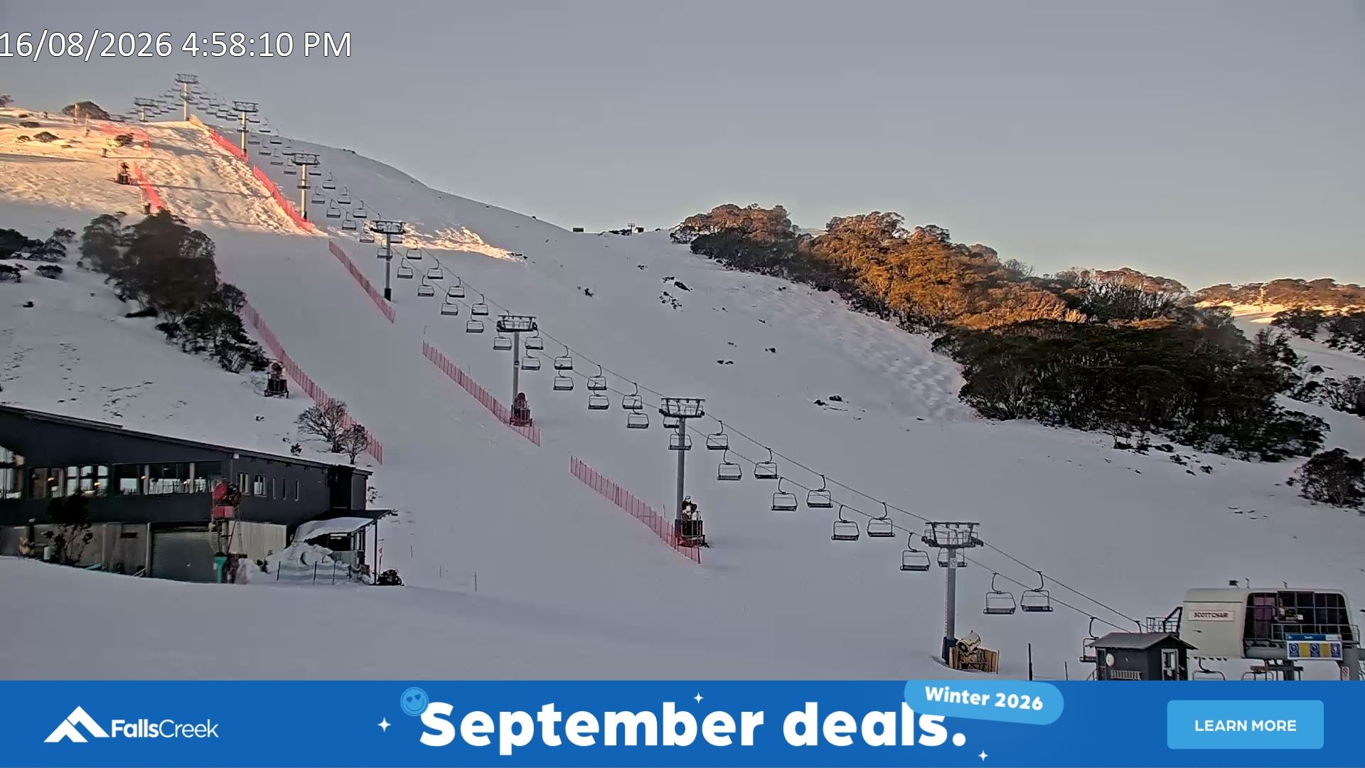 Falls Creek Scott Chair snow cam captured at 16 August 2026 at 5:10 pm AEST