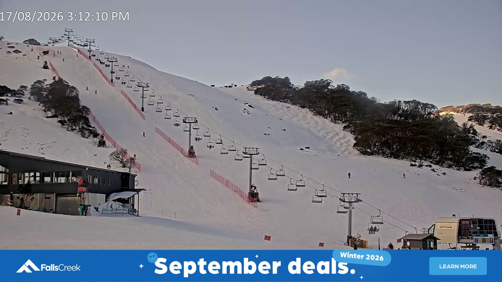 Falls Creek Scott Chair snow cam captured at 17 August 2026 at 3:21 pm AEST