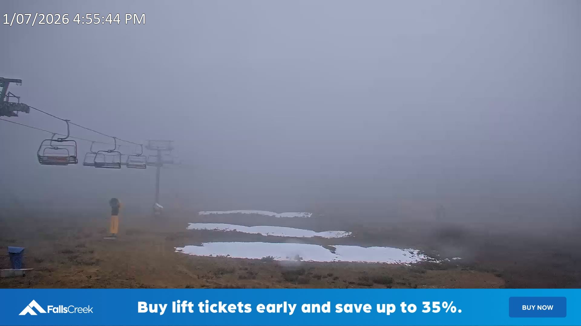 Falls Creek Ruined Castle snow cam captured at 1 July 2026 at 5:04 pm AEST
