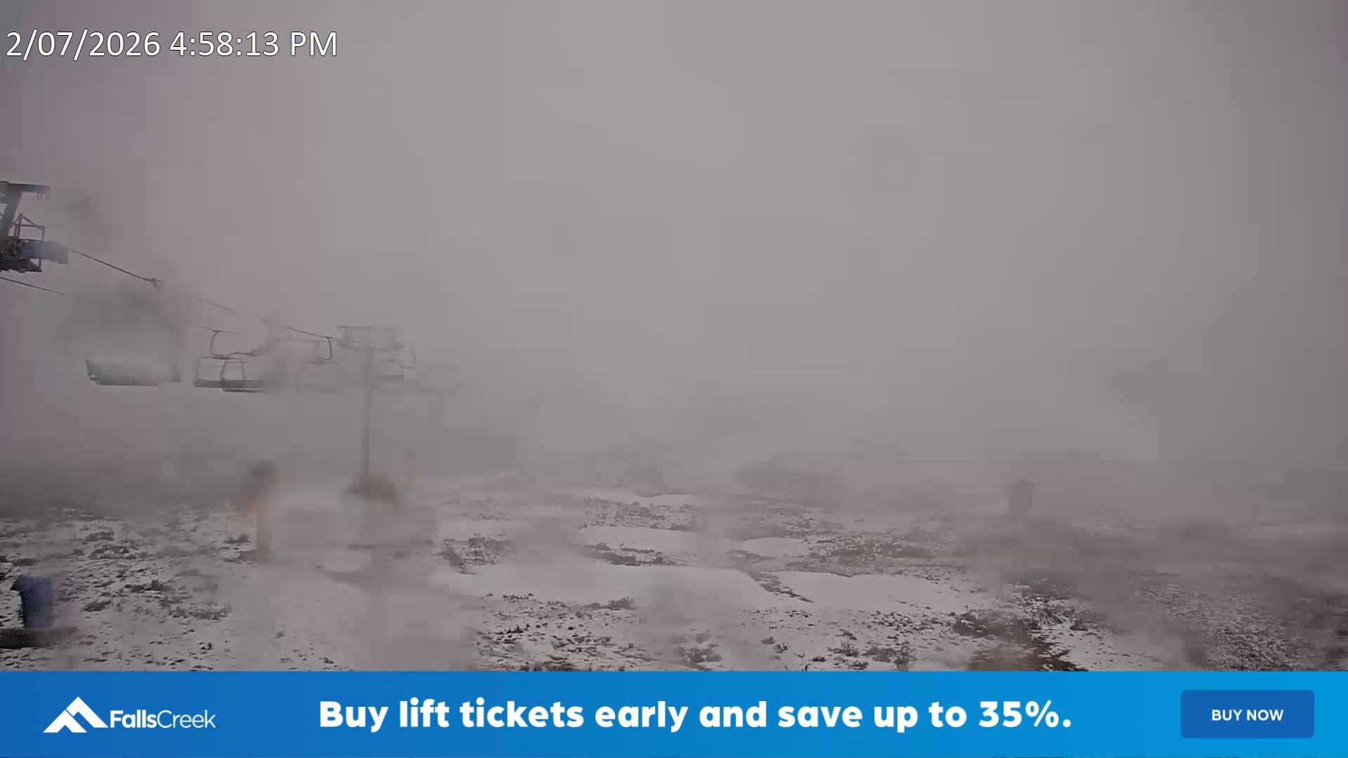 Falls Creek Ruined Castle snow cam captured at 2 July 2026 at 5:05 pm AEST