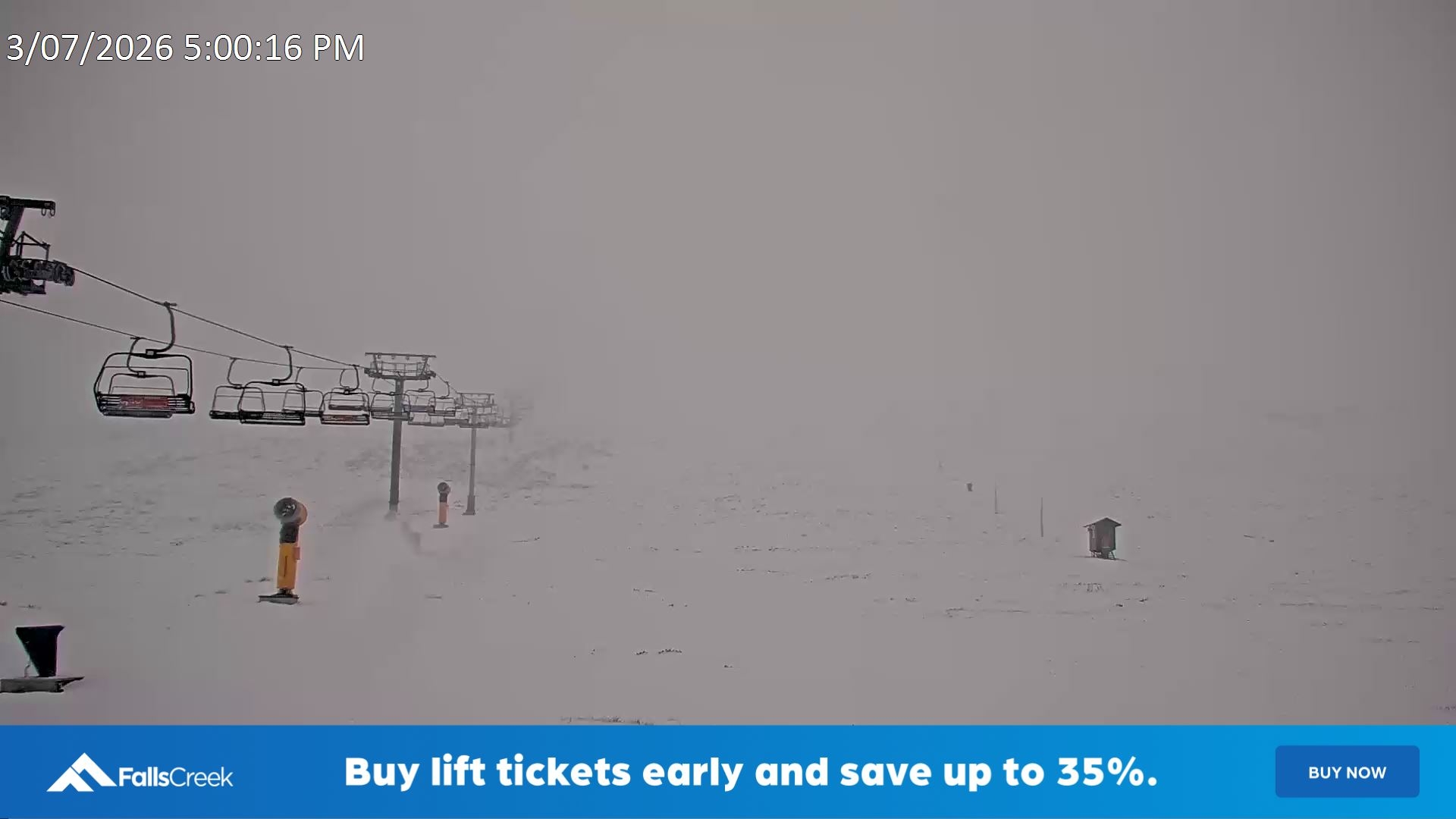 Falls Creek Ruined Castle snow cam captured at 3 July 2026 at 5:17 pm AEST