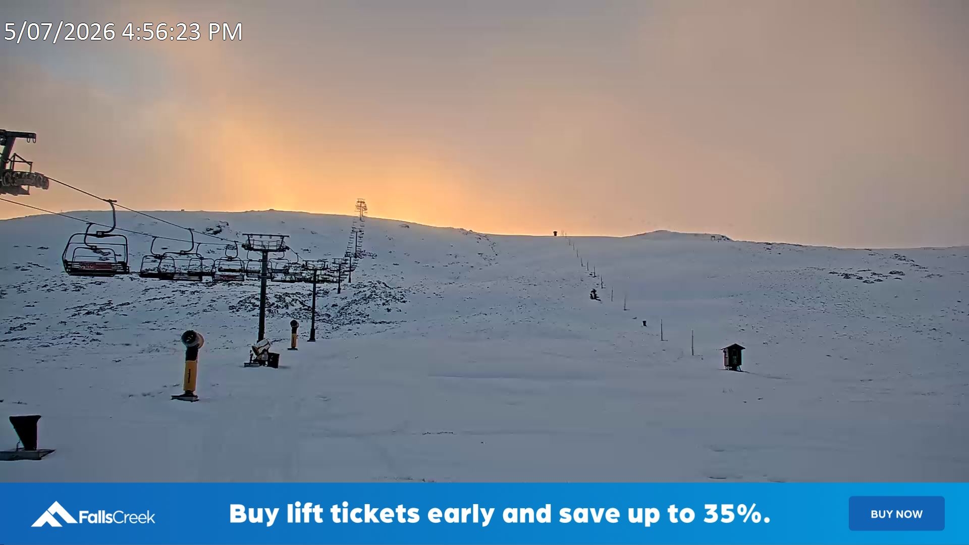 Falls Creek Ruined Castle snow cam captured at 5 July 2026 at 5:08 pm AEST
