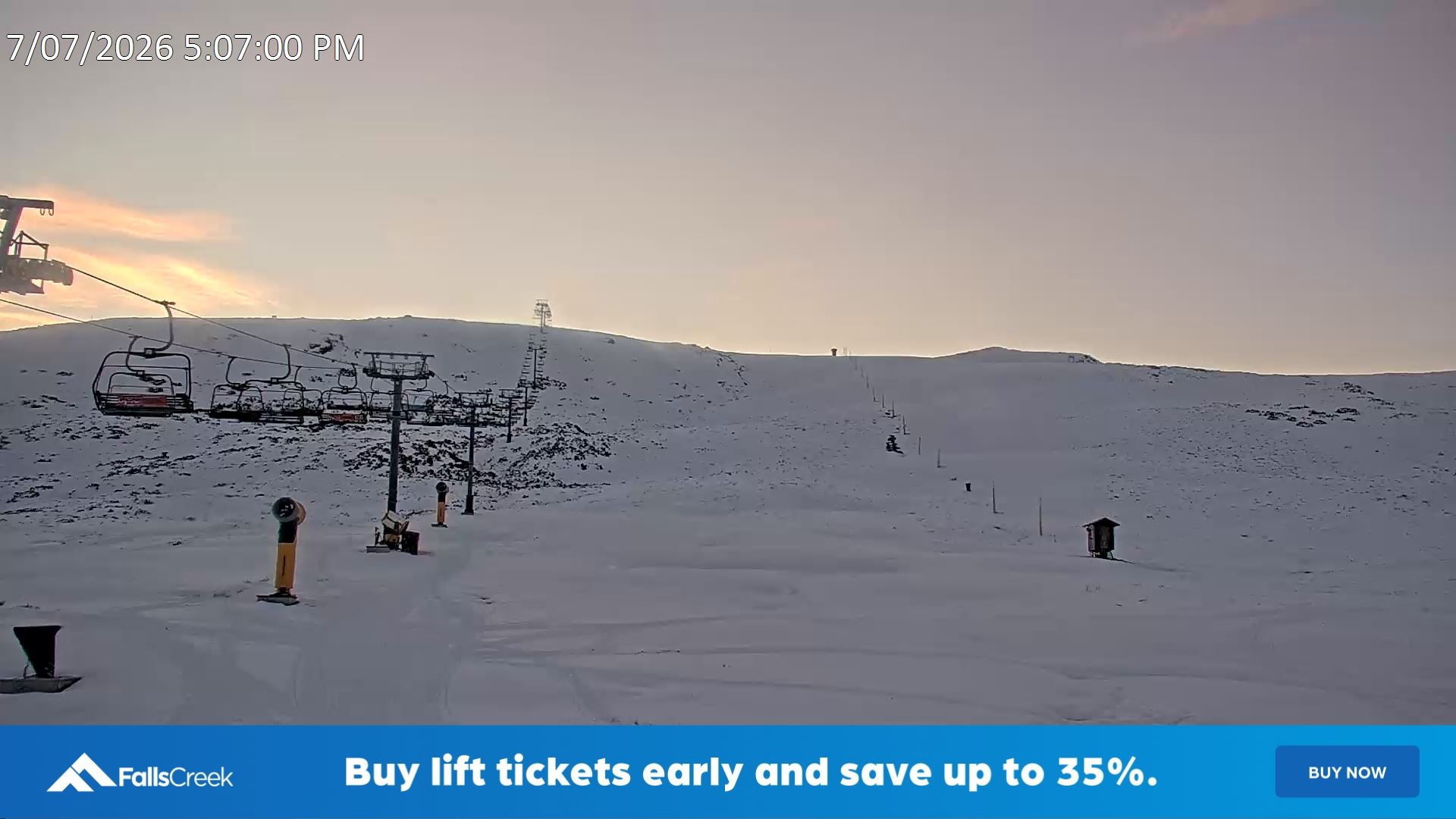 Falls Creek Ruined Castle snow cam captured at 7 July 2026 at 5:10 pm AEST