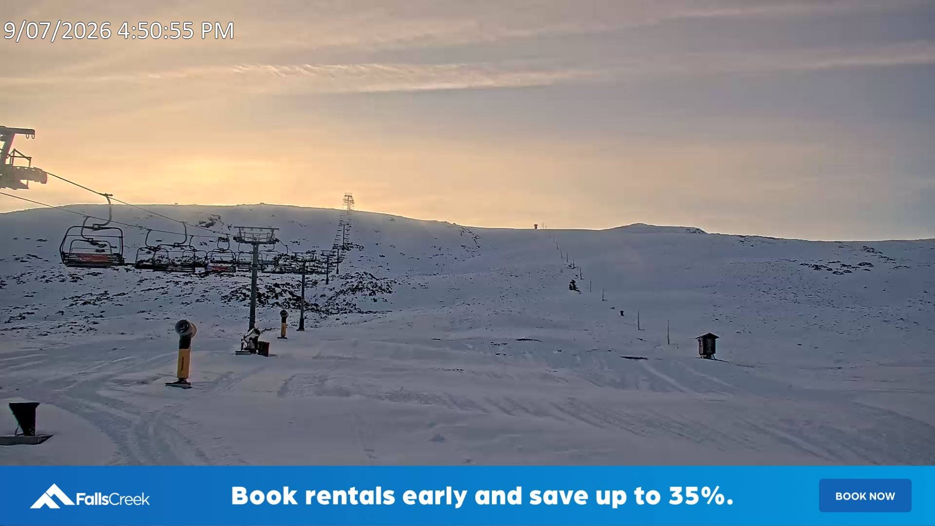 Falls Creek Ruined Castle snow cam captured at 9 July 2026 at 5:03 pm AEST