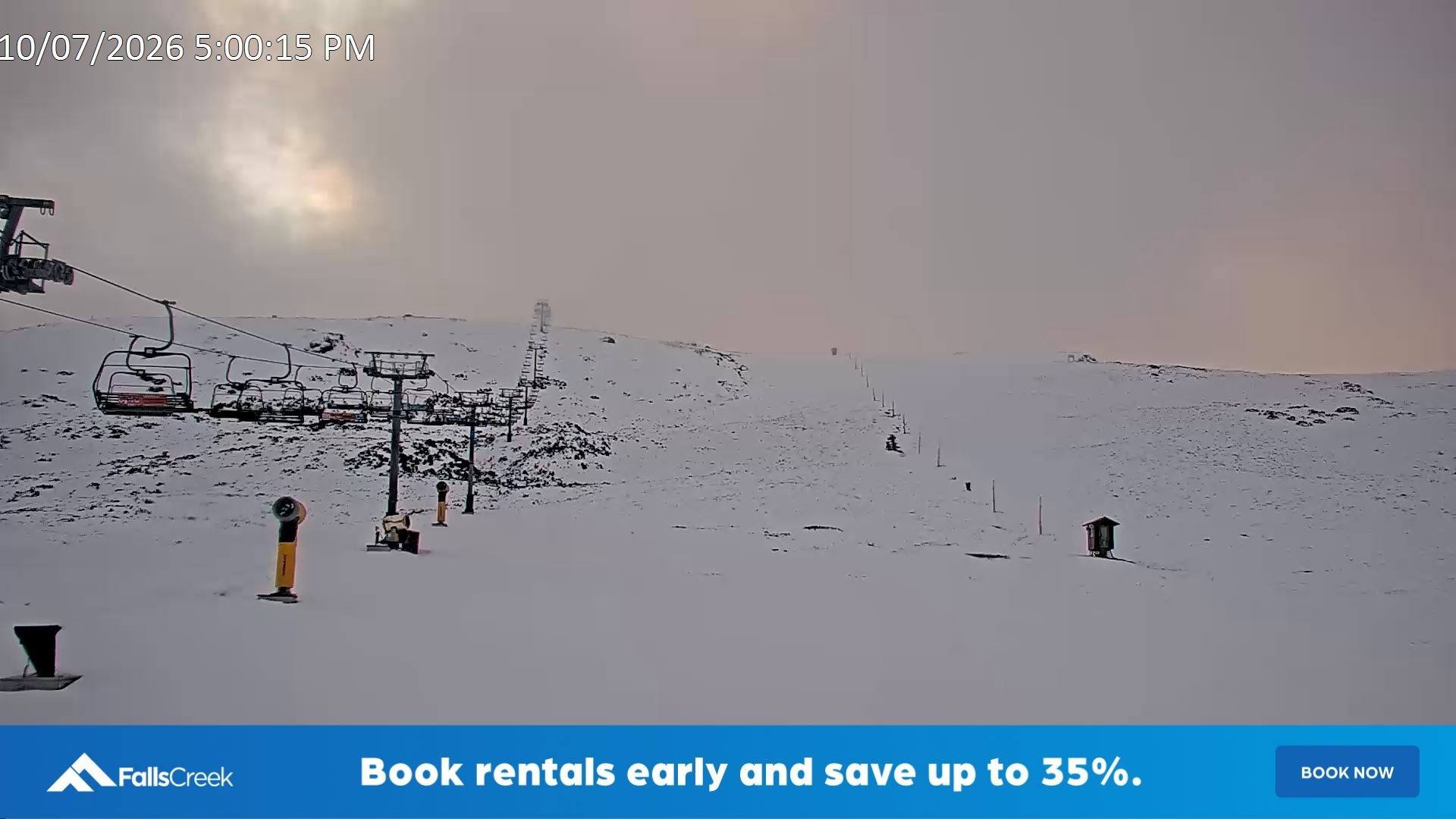 Falls Creek Ruined Castle snow cam captured at 10 July 2026 at 5:15 pm AEST