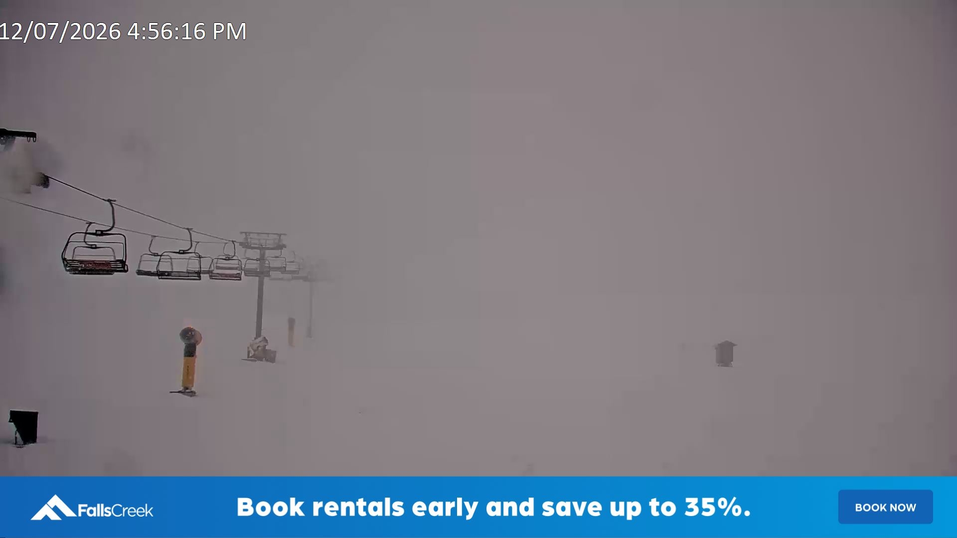 Falls Creek Ruined Castle snow cam captured at 12 July 2026 at 5:05 pm AEST