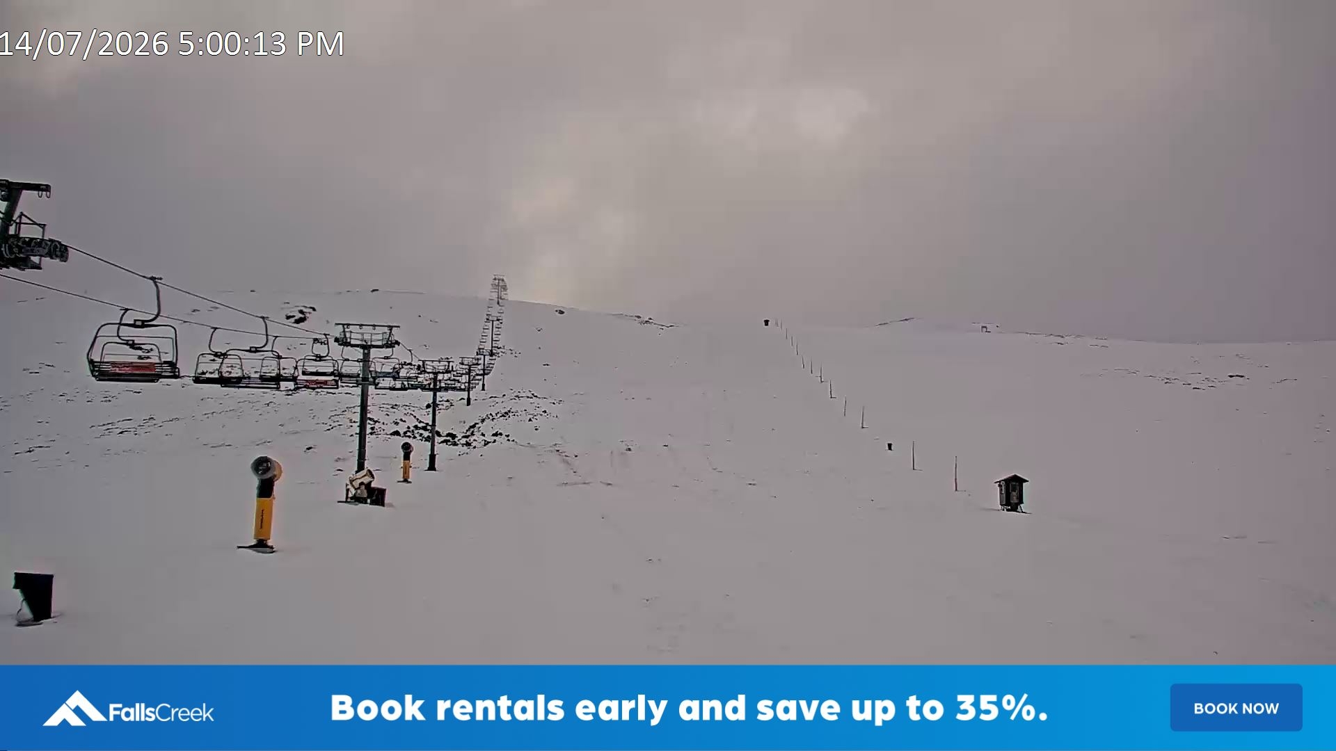 Falls Creek Ruined Castle snow cam captured at 14 July 2026 at 5:17 pm AEST
