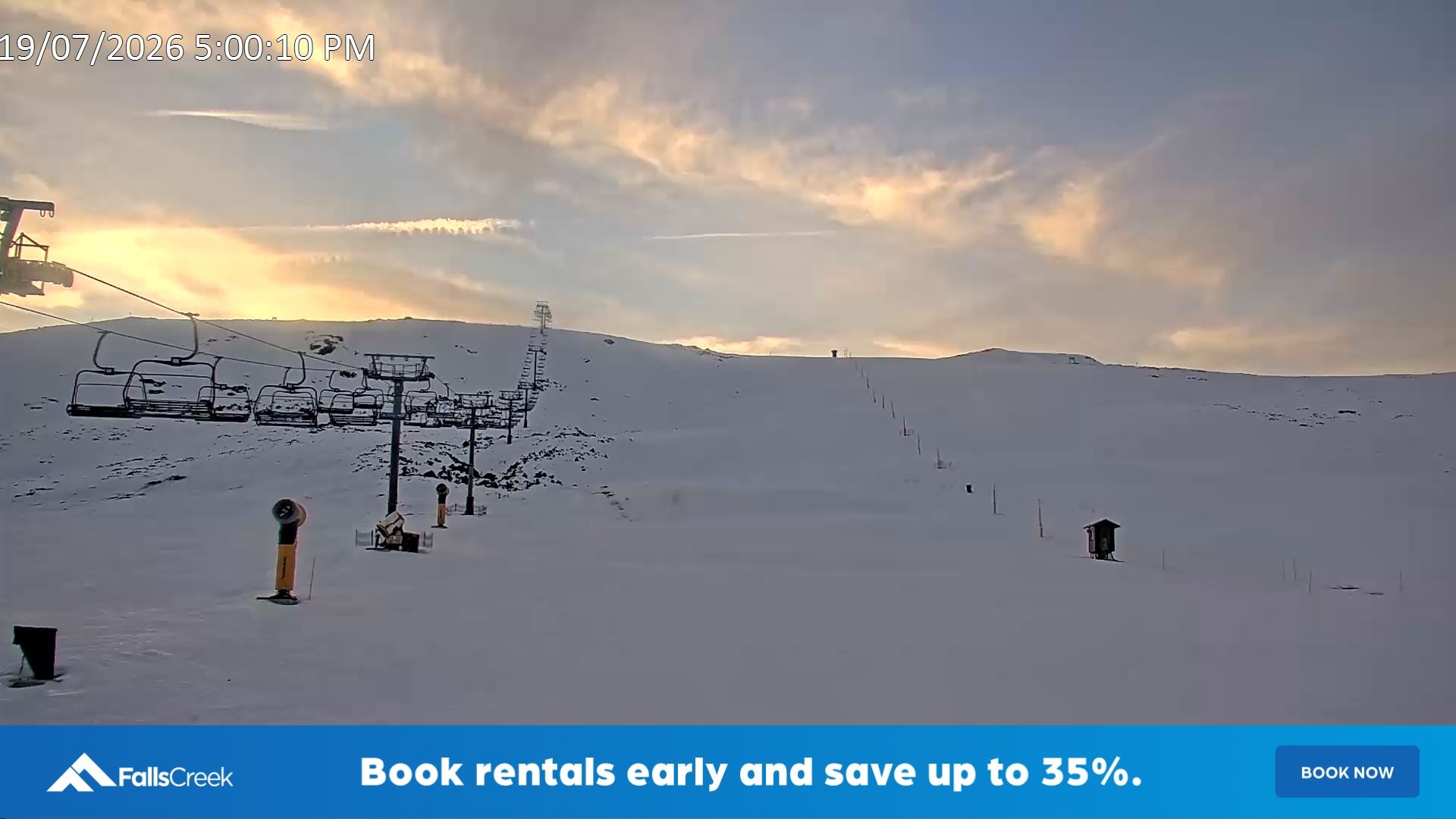 Falls Creek Ruined Castle snow cam captured at 19 July 2026 at 5:11 pm AEST