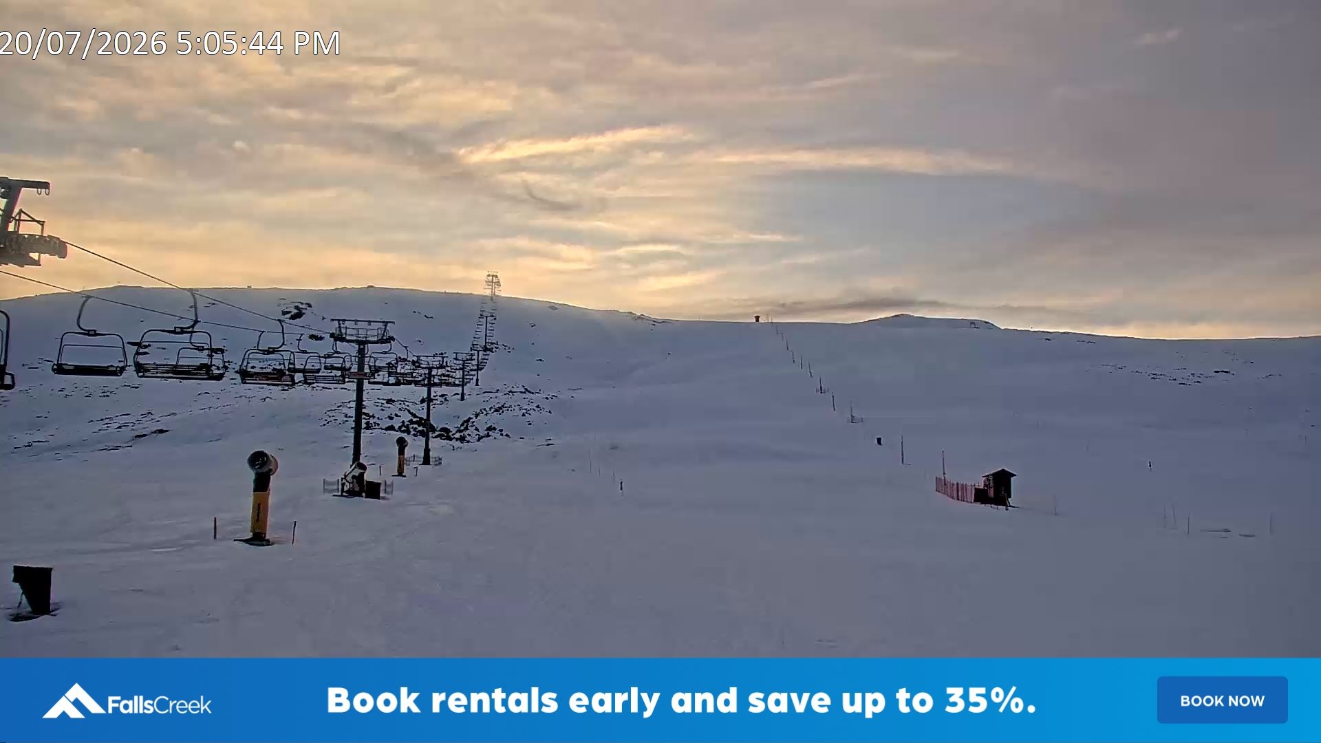 Falls Creek Ruined Castle snow cam captured at 20 July 2026 at 5:12 pm AEST