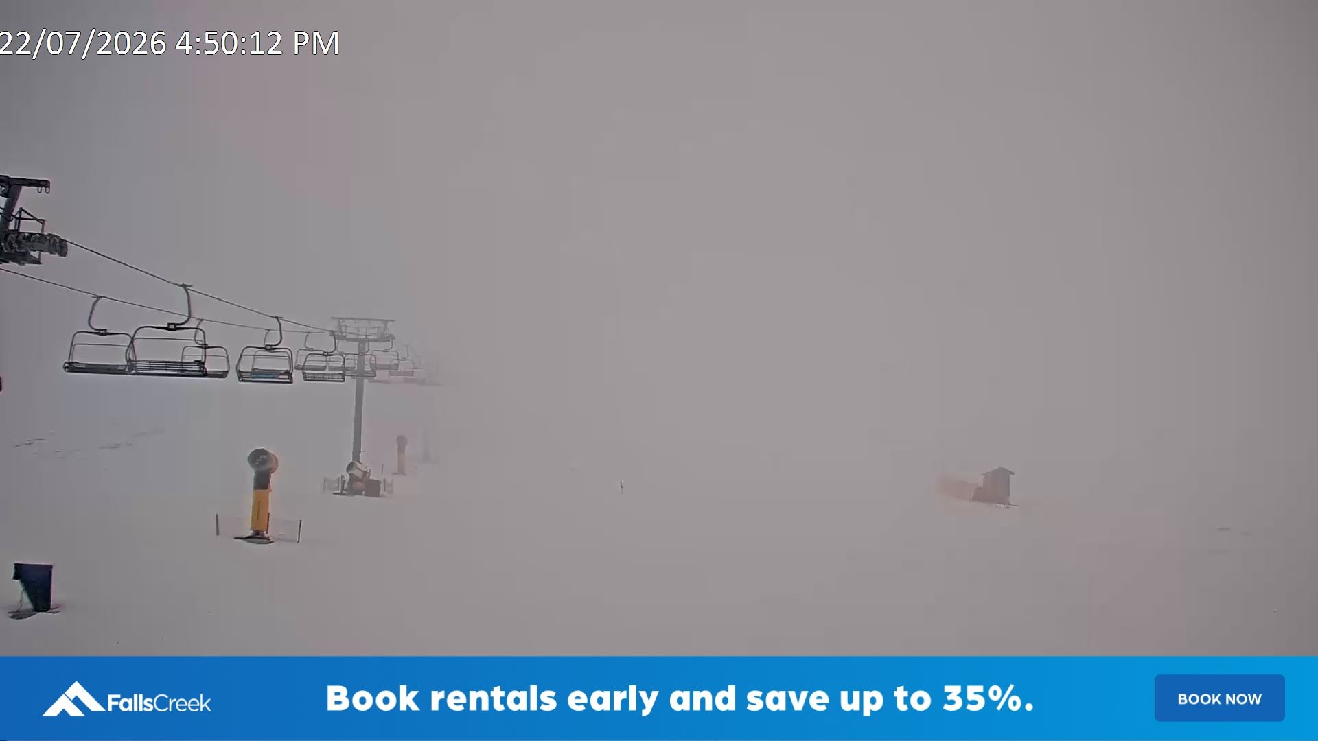 Falls Creek Ruined Castle snow cam captured at 22 July 2026 at 5:05 pm AEST