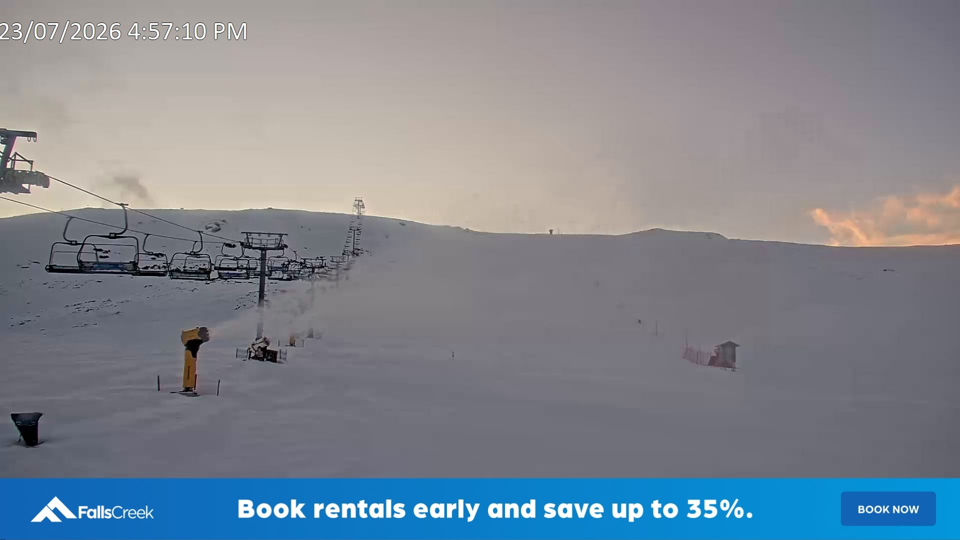 Falls Creek Ruined Castle snow cam captured at 23 July 2026 at 5:06 pm AEST