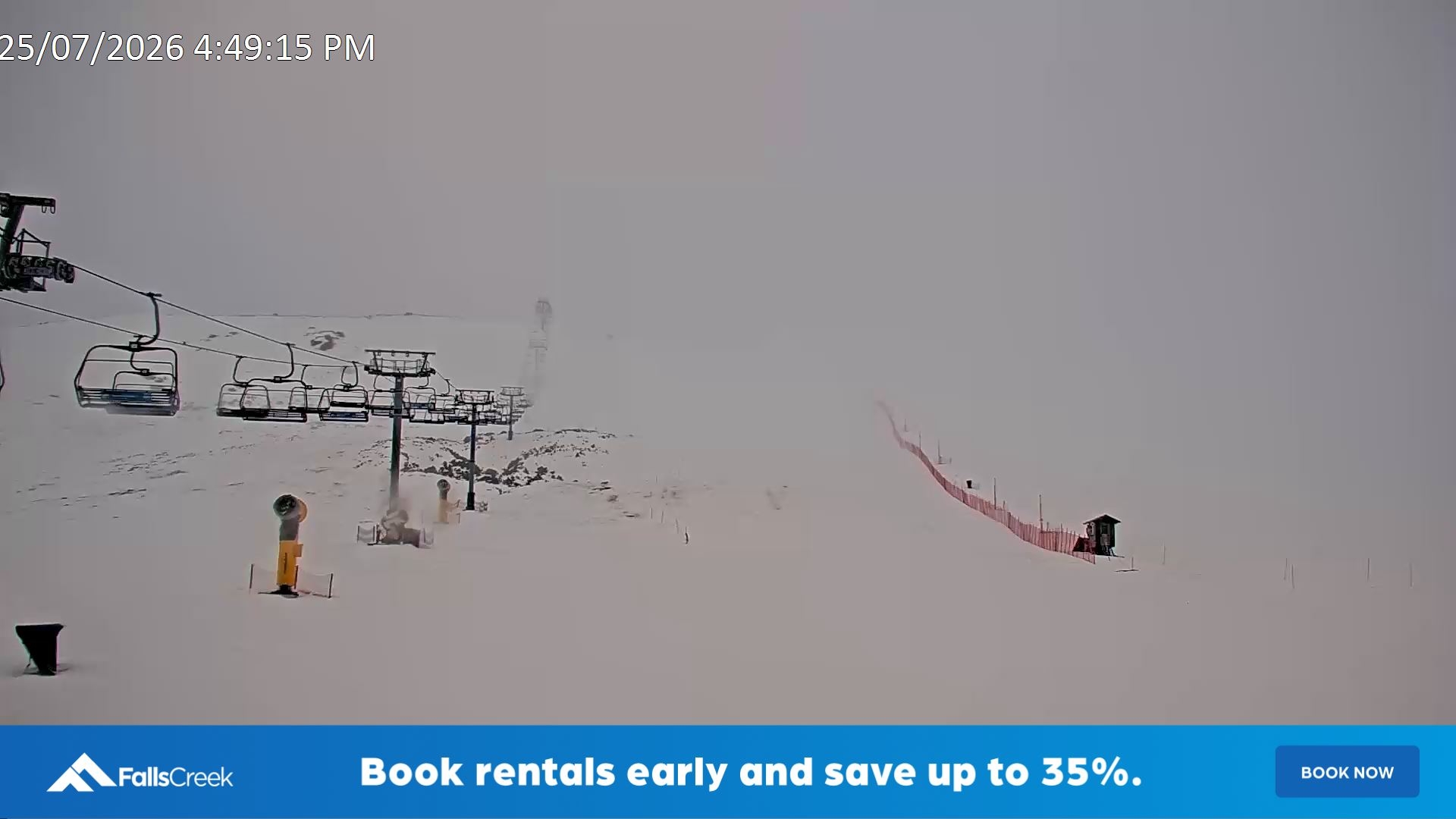 Falls Creek Ruined Castle snow cam captured at 25 July 2026 at 4:58 pm AEST