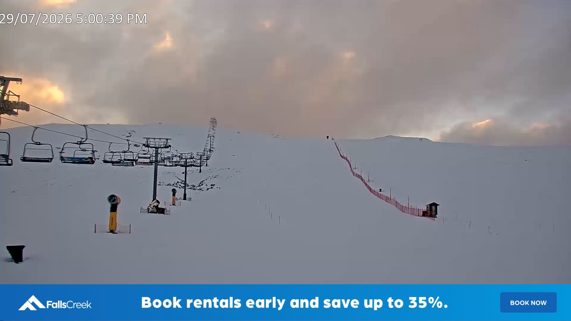 Falls Creek Ruined Castle snow cam captured at 29 July 2026 at 5:14 pm AEST