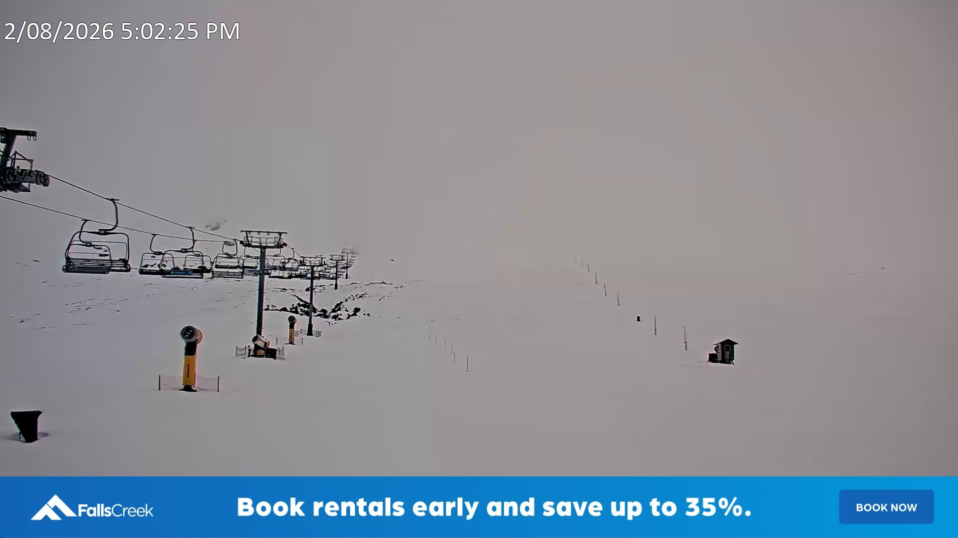Falls Creek Ruined Castle snow cam captured at 2 August 2026 at 5:12 pm AEST