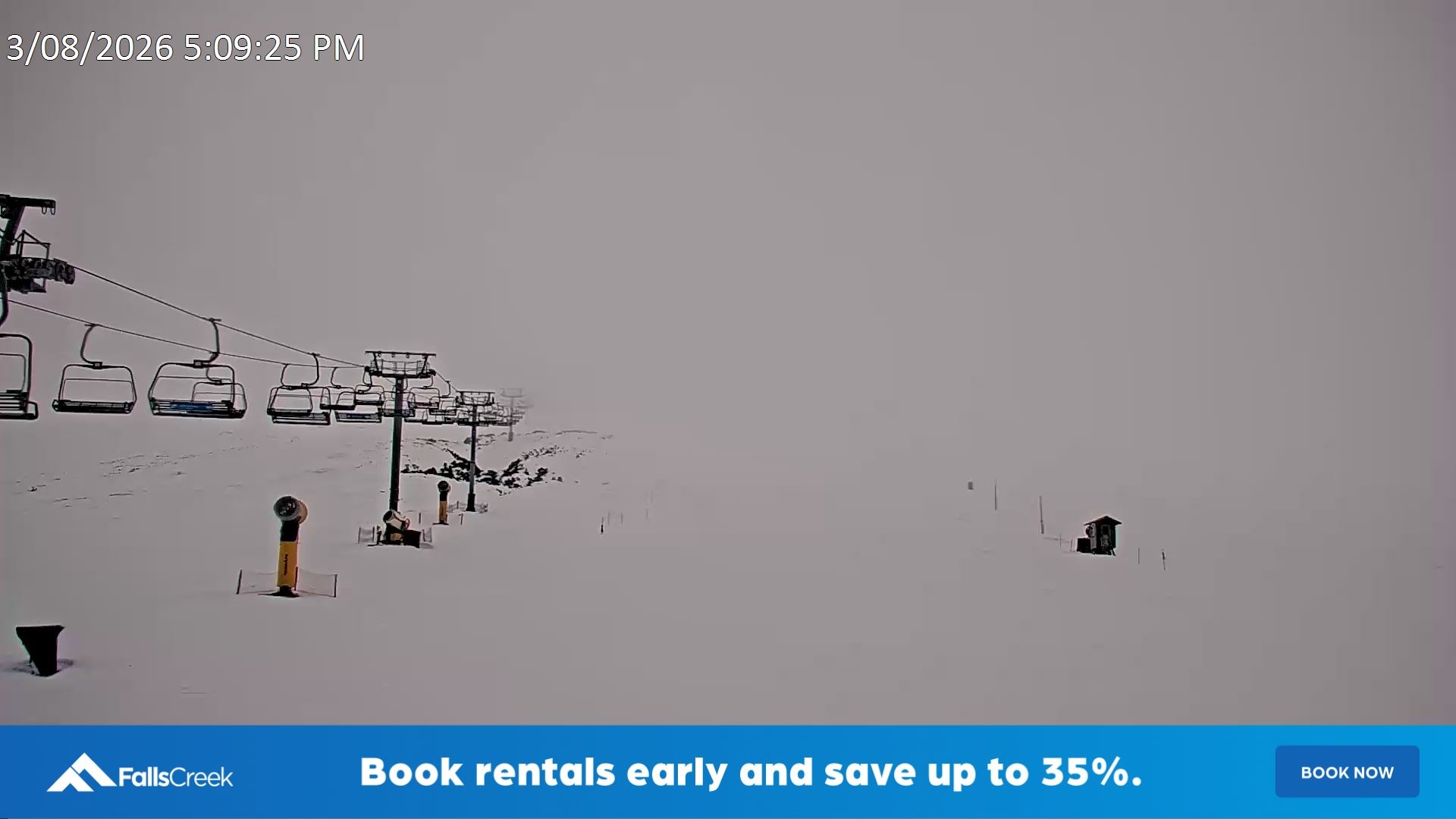 Falls Creek Ruined Castle snow cam captured at 3 August 2026 at 5:17 pm AEST