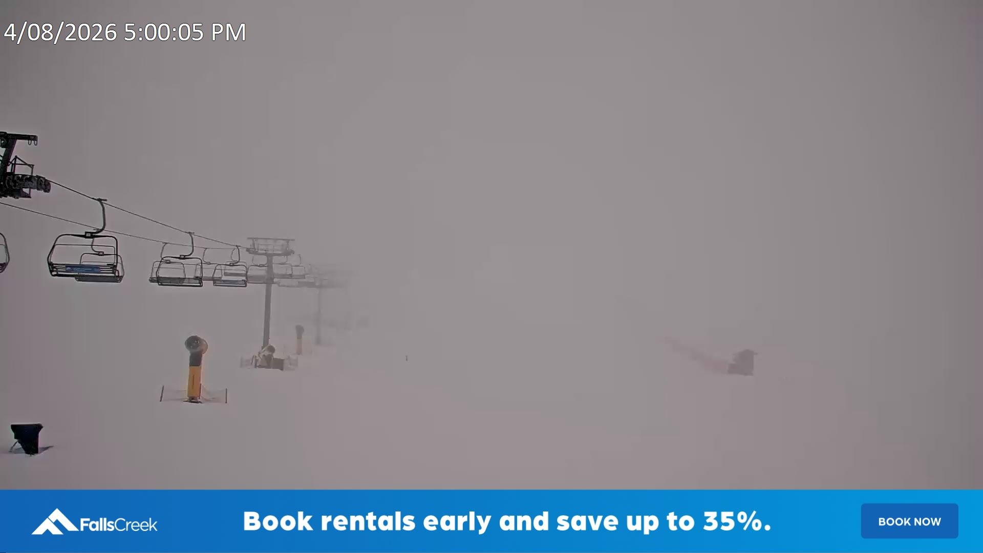 Falls Creek Ruined Castle snow cam captured at 4 August 2026 at 5:15 pm AEST