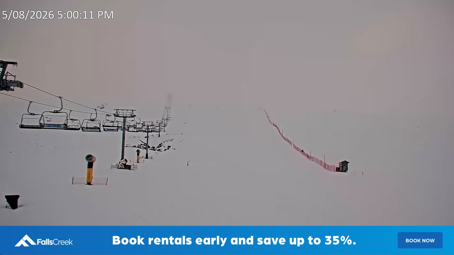 Falls Creek Ruined Castle snow cam captured at 5 August 2026 at 5:14 pm AEST