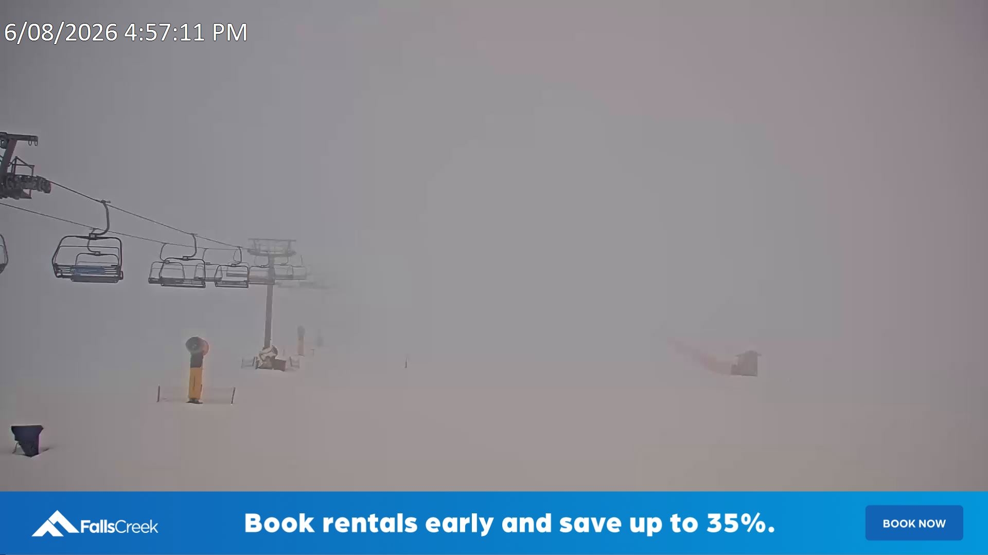 Falls Creek Ruined Castle snow cam captured at 6 August 2026 at 5:03 pm AEST