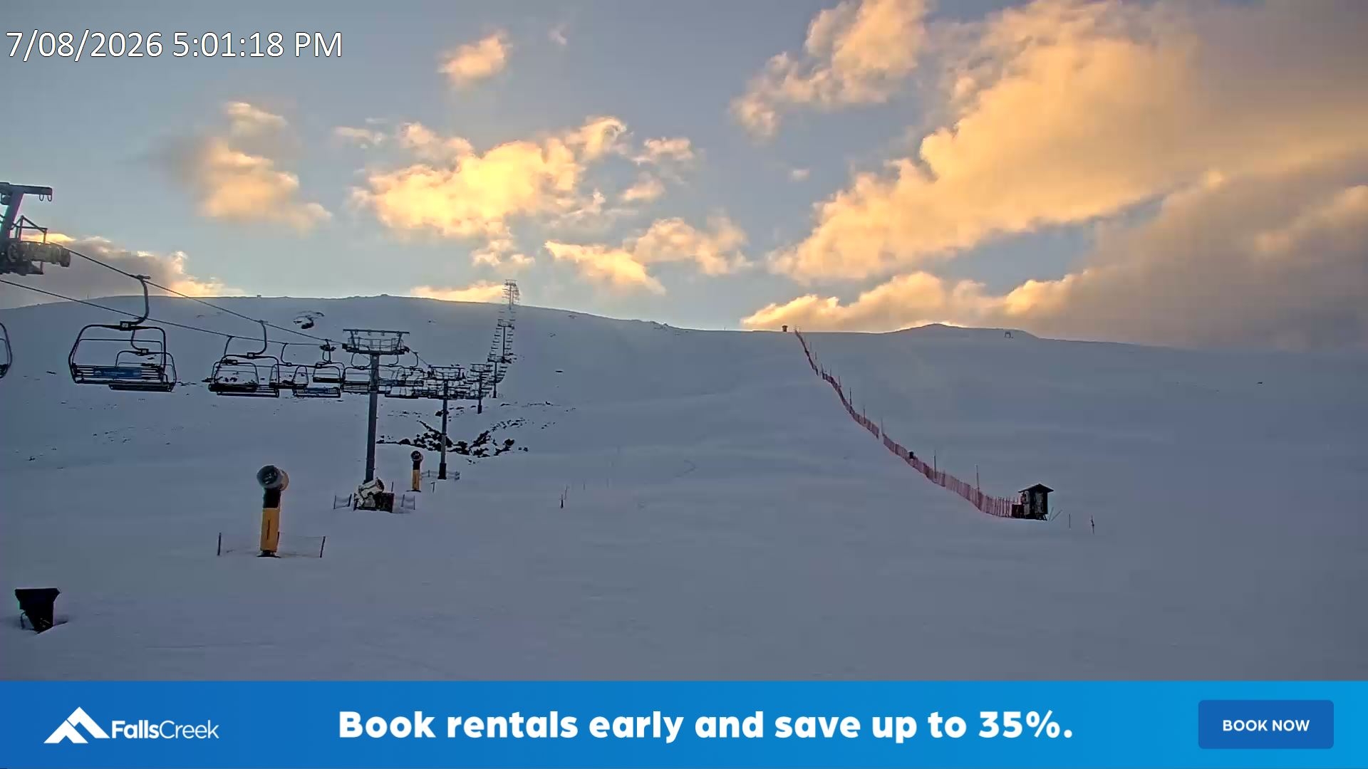 Falls Creek Ruined Castle snow cam captured at 7 August 2026 at 5:15 pm AEST